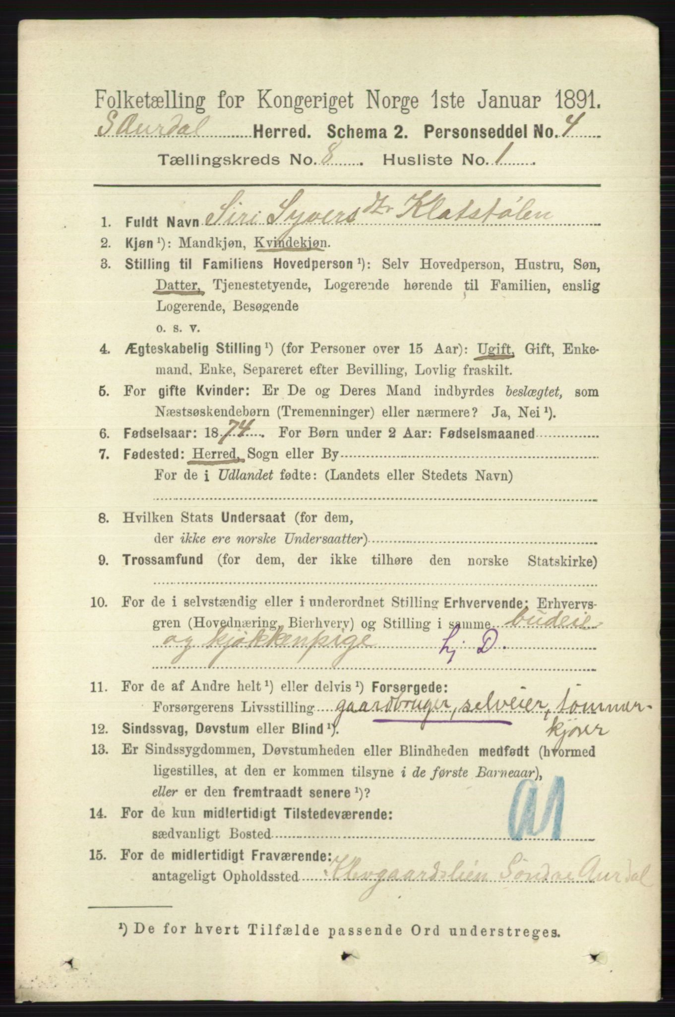 RA, 1891 census for 0540 Sør-Aurdal, 1891, p. 4862