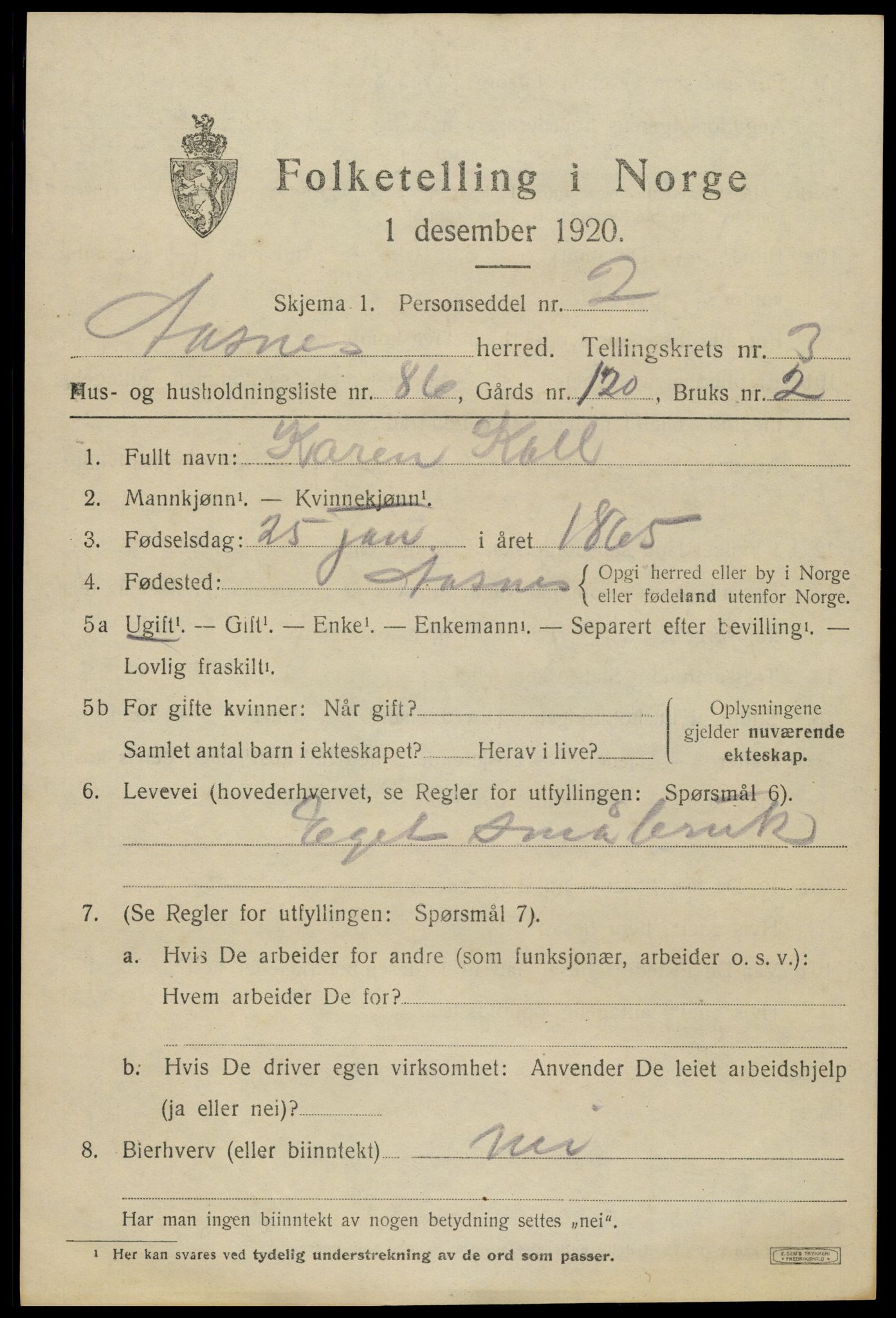 SAH, 1920 census for Åsnes, 1920, p. 4758