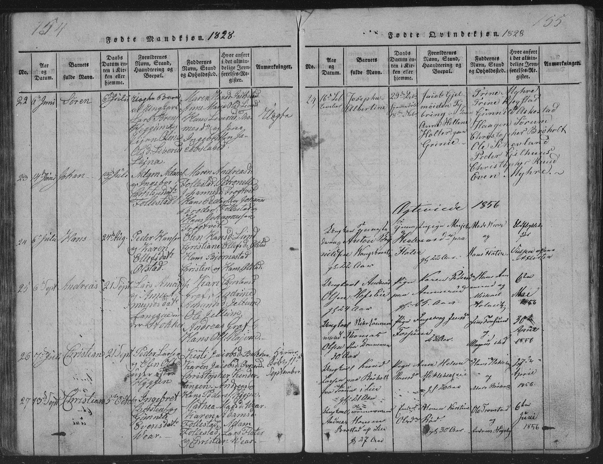 Røyken kirkebøker, AV/SAKO-A-241/G/Ga/L0003: Parish register (copy) no. 3, 1814-1856, p. 154-155