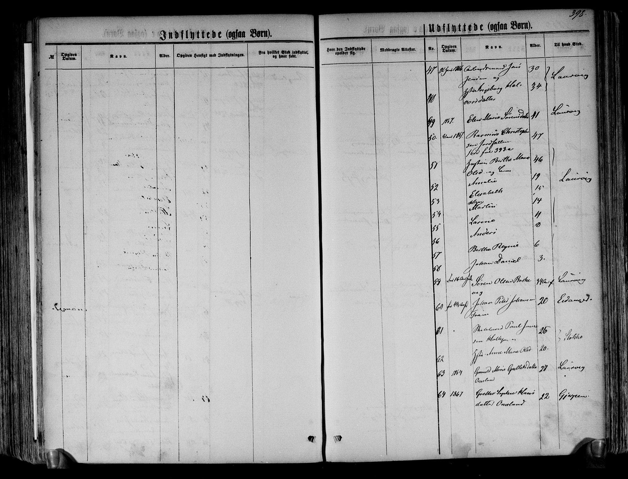 Brunlanes kirkebøker, AV/SAKO-A-342/F/Fa/L0005: Parish register (official) no. I 5, 1862-1877, p. 398