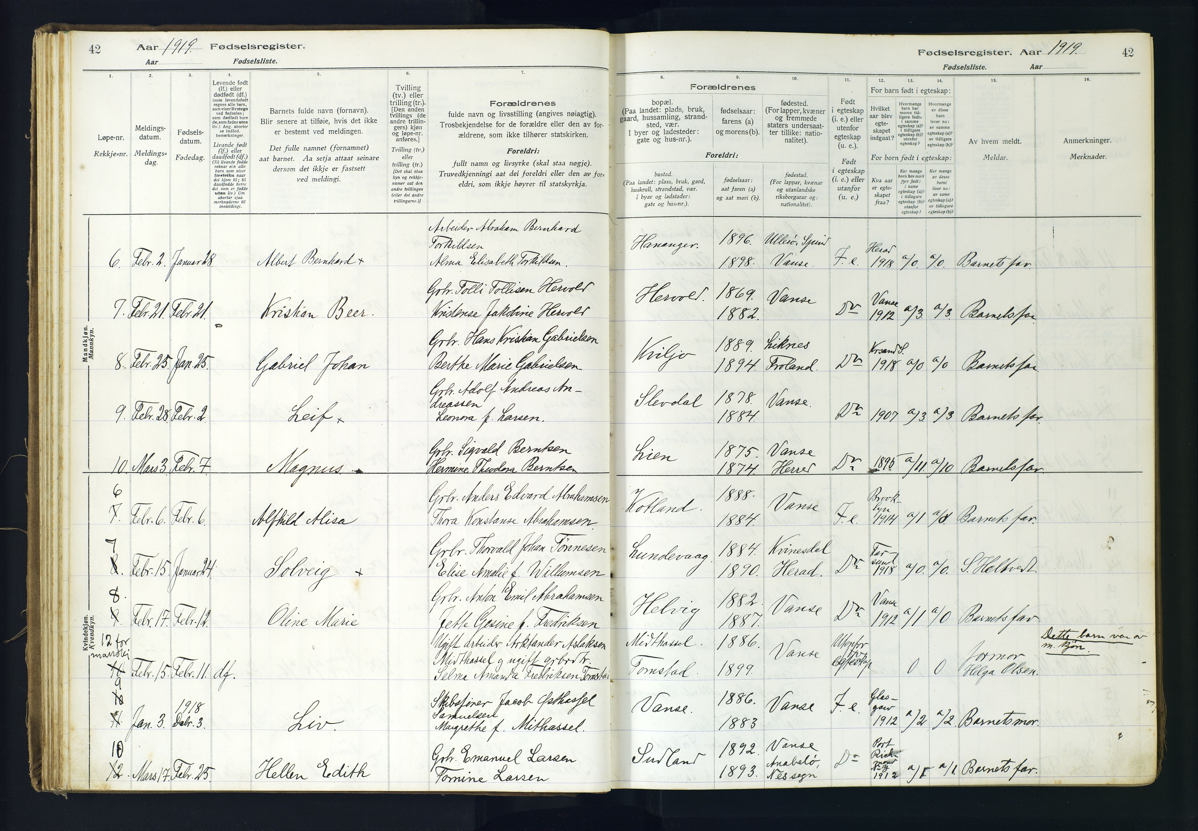 Lista sokneprestkontor, AV/SAK-1111-0027/J/Ja/L0001: Birth register no. A-VI-30, 1916-1934, p. 42