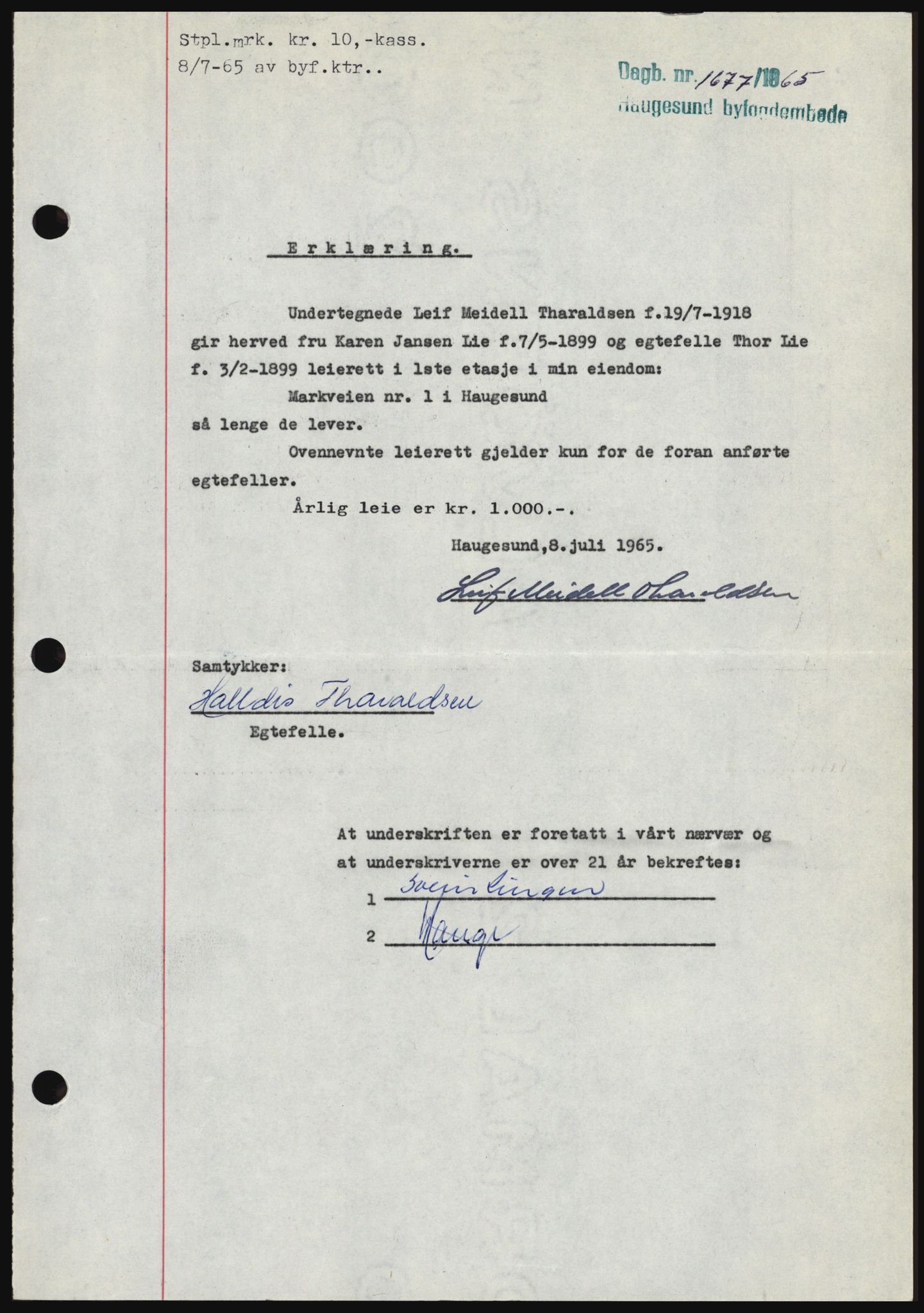 Haugesund tingrett, SAST/A-101415/01/II/IIC/L0053: Mortgage book no. B 53, 1965-1965, Diary no: : 1677/1965