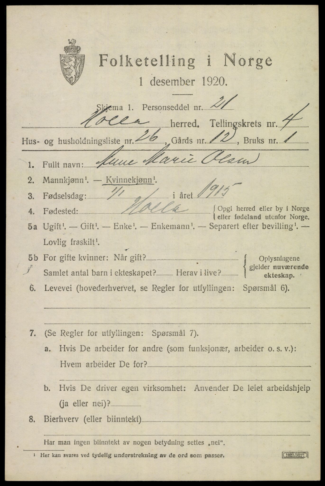 SAKO, 1920 census for Holla, 1920, p. 3969