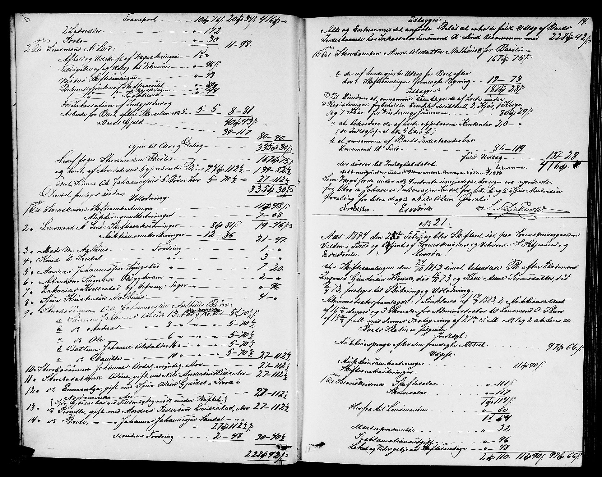Sunnfjord tingrett, AV/SAB-A-3201/1/H/Hd/L0005: Skifteutlodningsprotokoll, 1874-1881, p. 13b-14a
