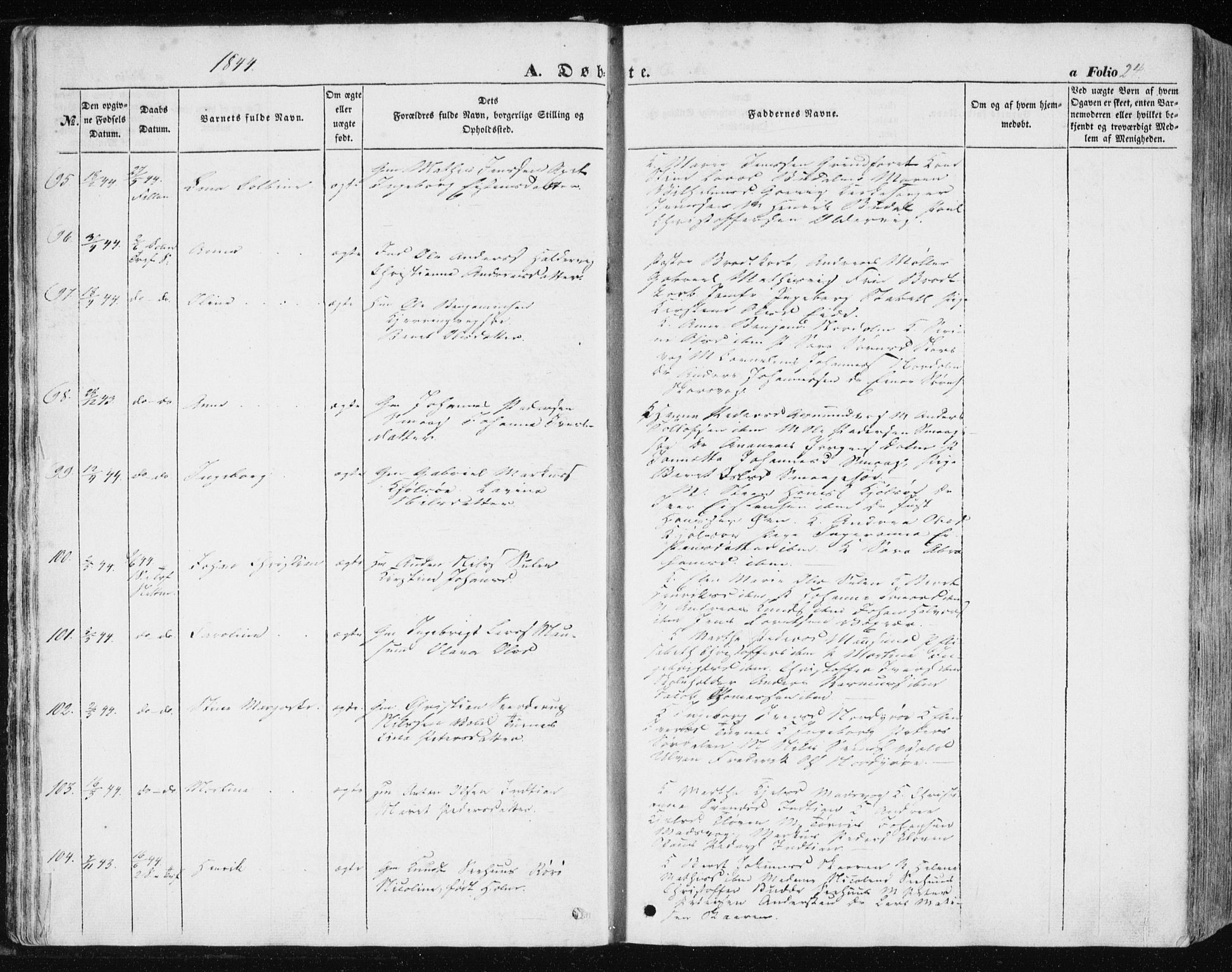 Ministerialprotokoller, klokkerbøker og fødselsregistre - Sør-Trøndelag, AV/SAT-A-1456/634/L0529: Parish register (official) no. 634A05, 1843-1851, p. 24