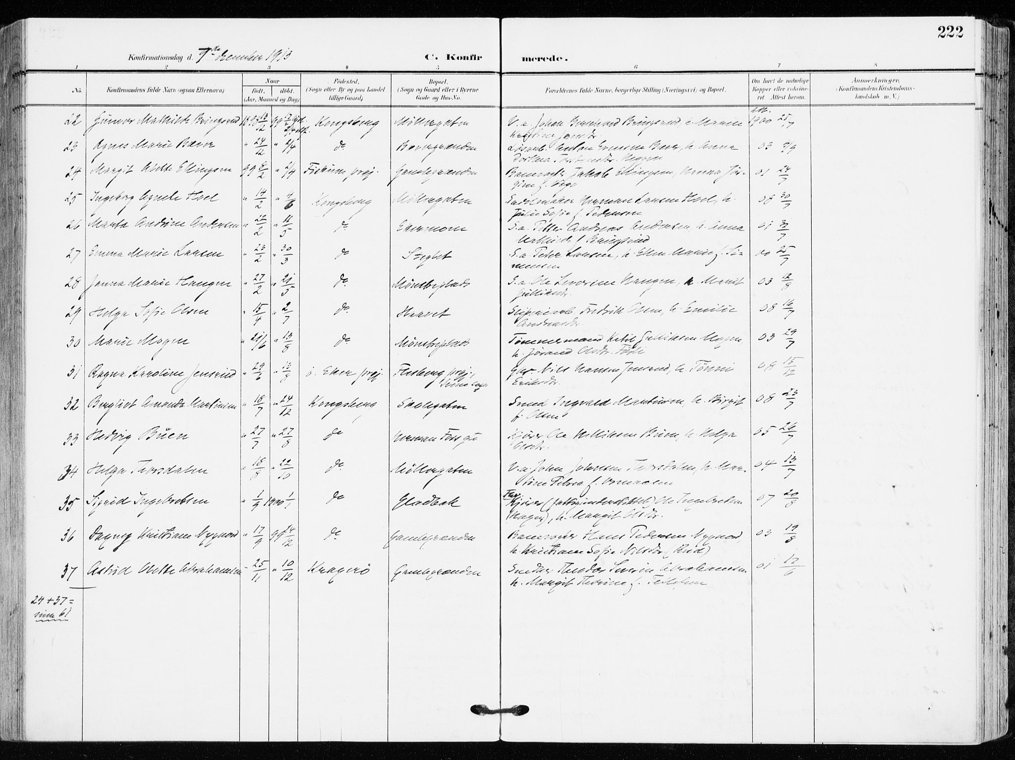 Kongsberg kirkebøker, SAKO/A-22/F/Fb/L0004: Parish register (official) no. II 4, 1906-1918, p. 222
