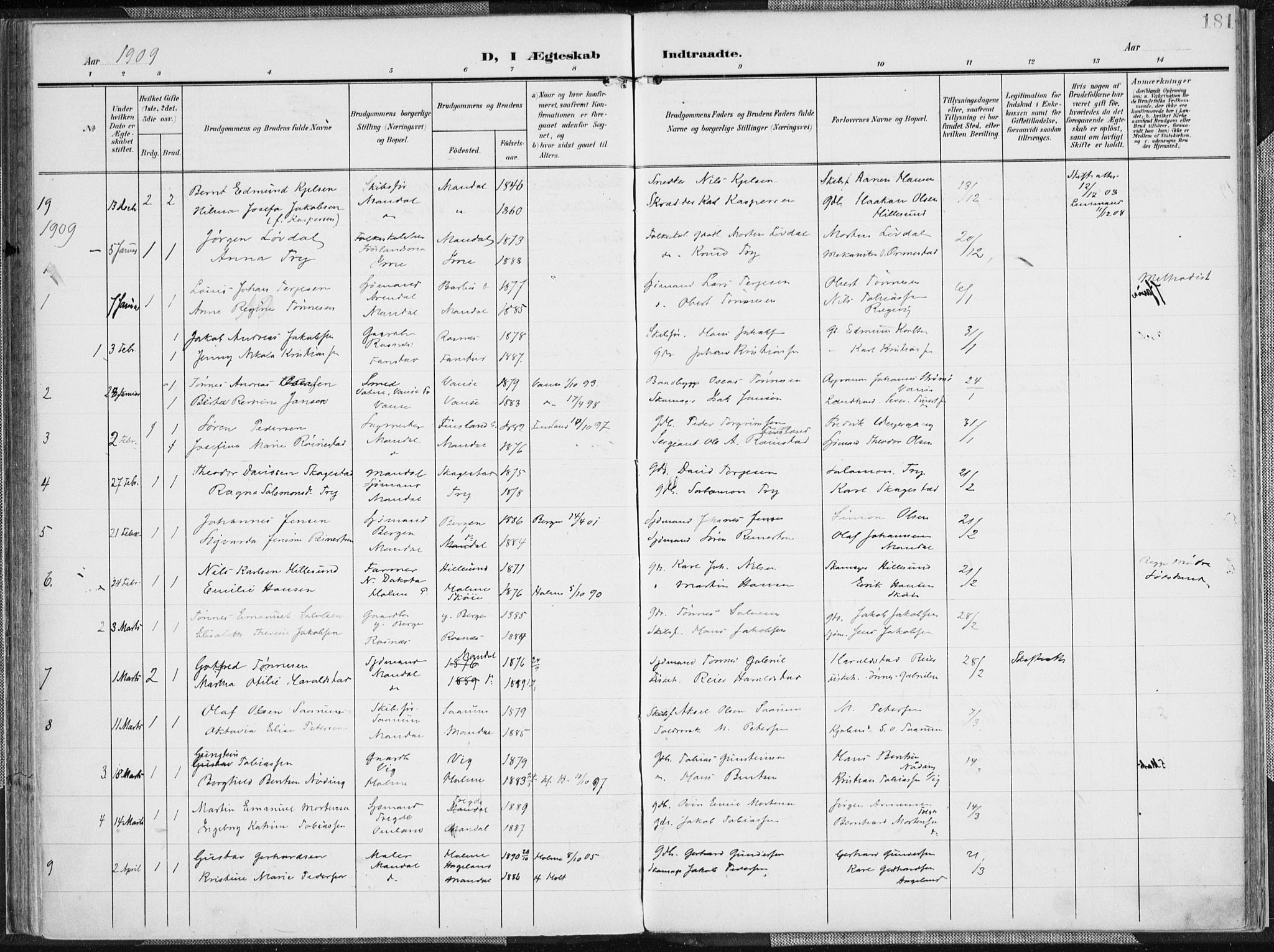 Mandal sokneprestkontor, SAK/1111-0030/F/Fa/Faa/L0020: Parish register (official) no. A 20, 1906-1912, p. 181