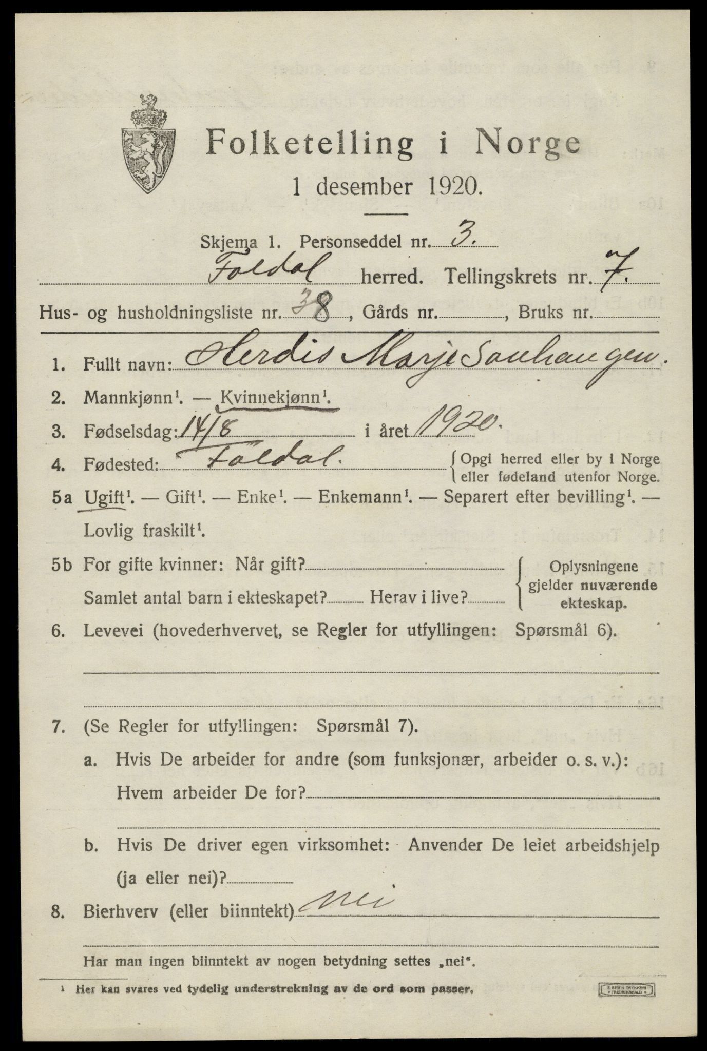 SAH, 1920 census for Folldal, 1920, p. 4337