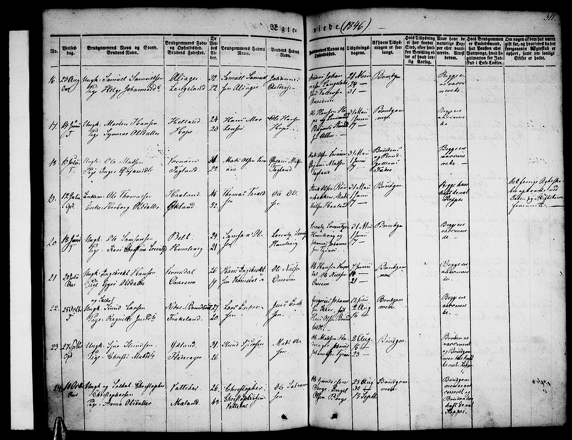 Tysnes sokneprestembete, SAB/A-78601/H/Haa: Parish register (official) no. A 9, 1837-1848, p. 311