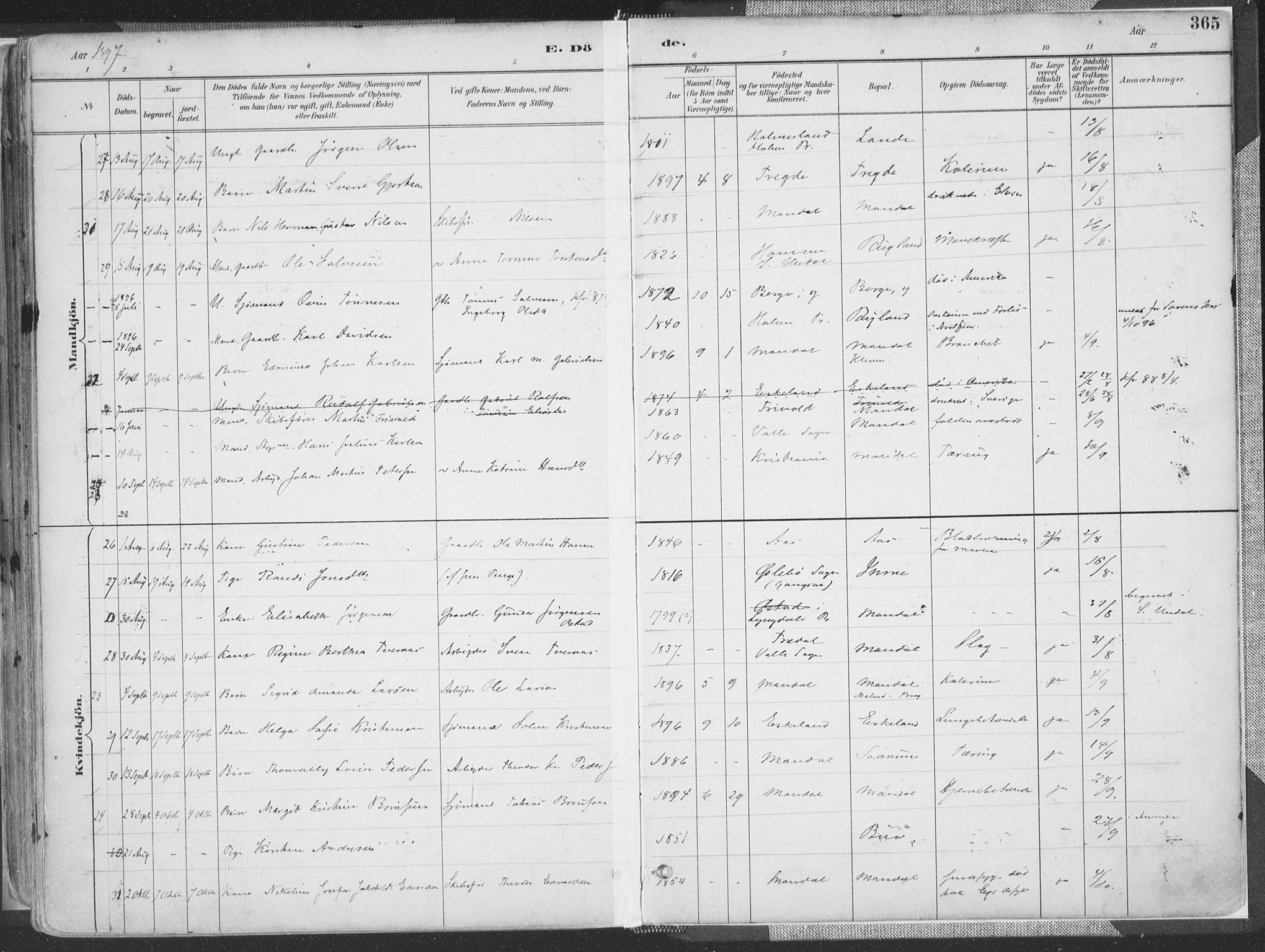 Mandal sokneprestkontor, AV/SAK-1111-0030/F/Fa/Faa/L0018: Parish register (official) no. A 18, 1890-1905, p. 365