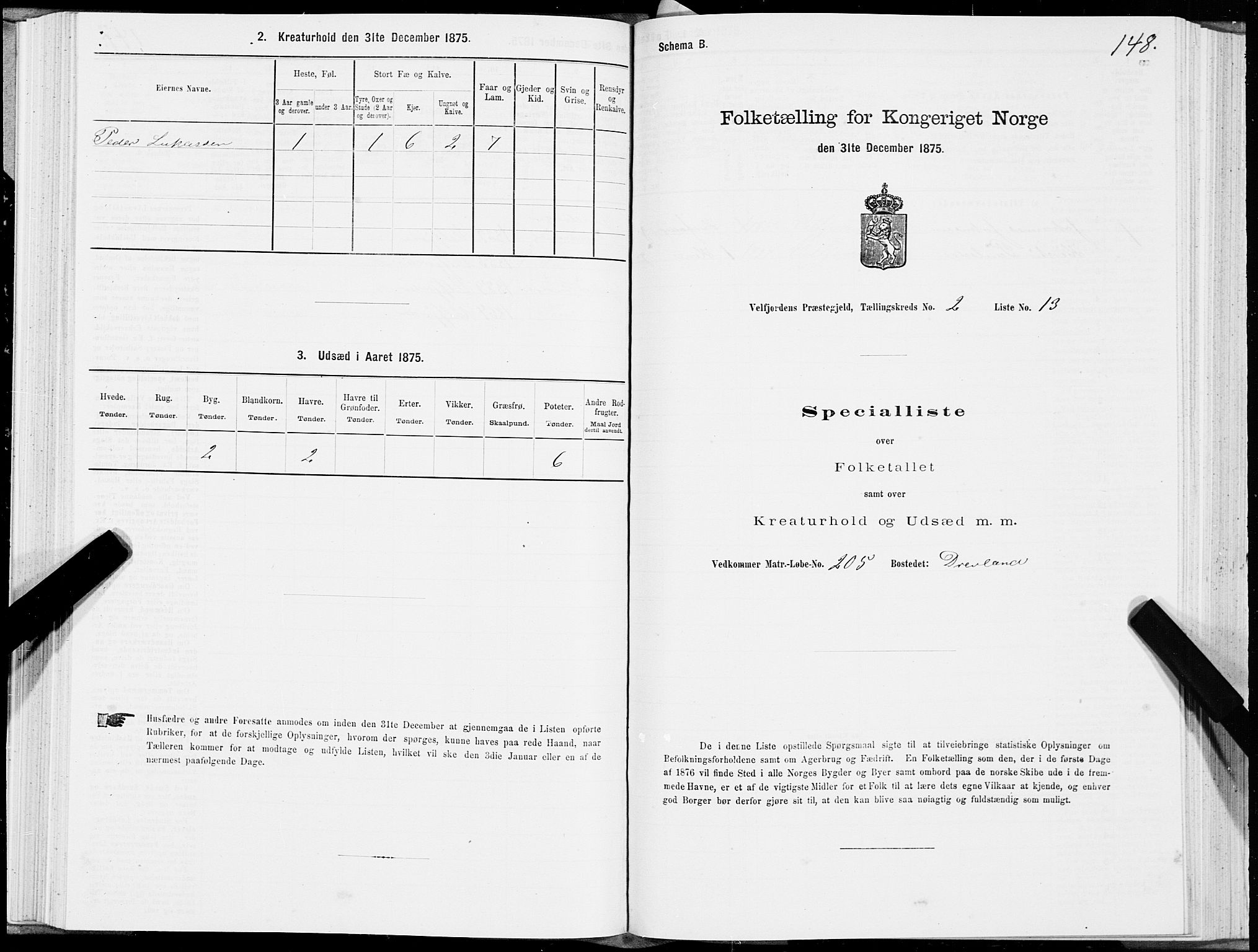 SAT, 1875 census for 1813P Velfjord, 1875, p. 1148