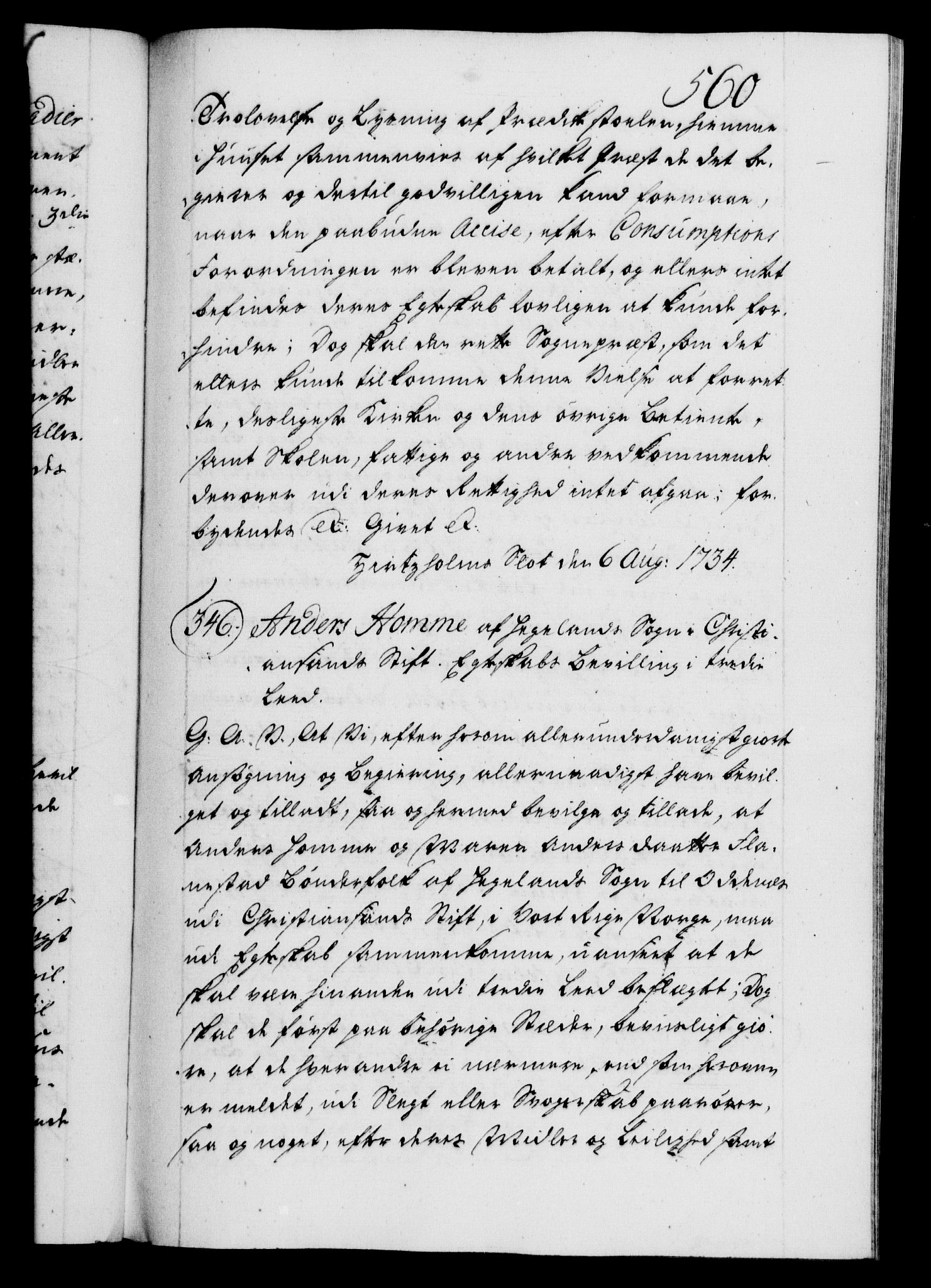 Danske Kanselli 1572-1799, AV/RA-EA-3023/F/Fc/Fca/Fcaa/L0028: Norske registre, 1733-1734, p. 560a