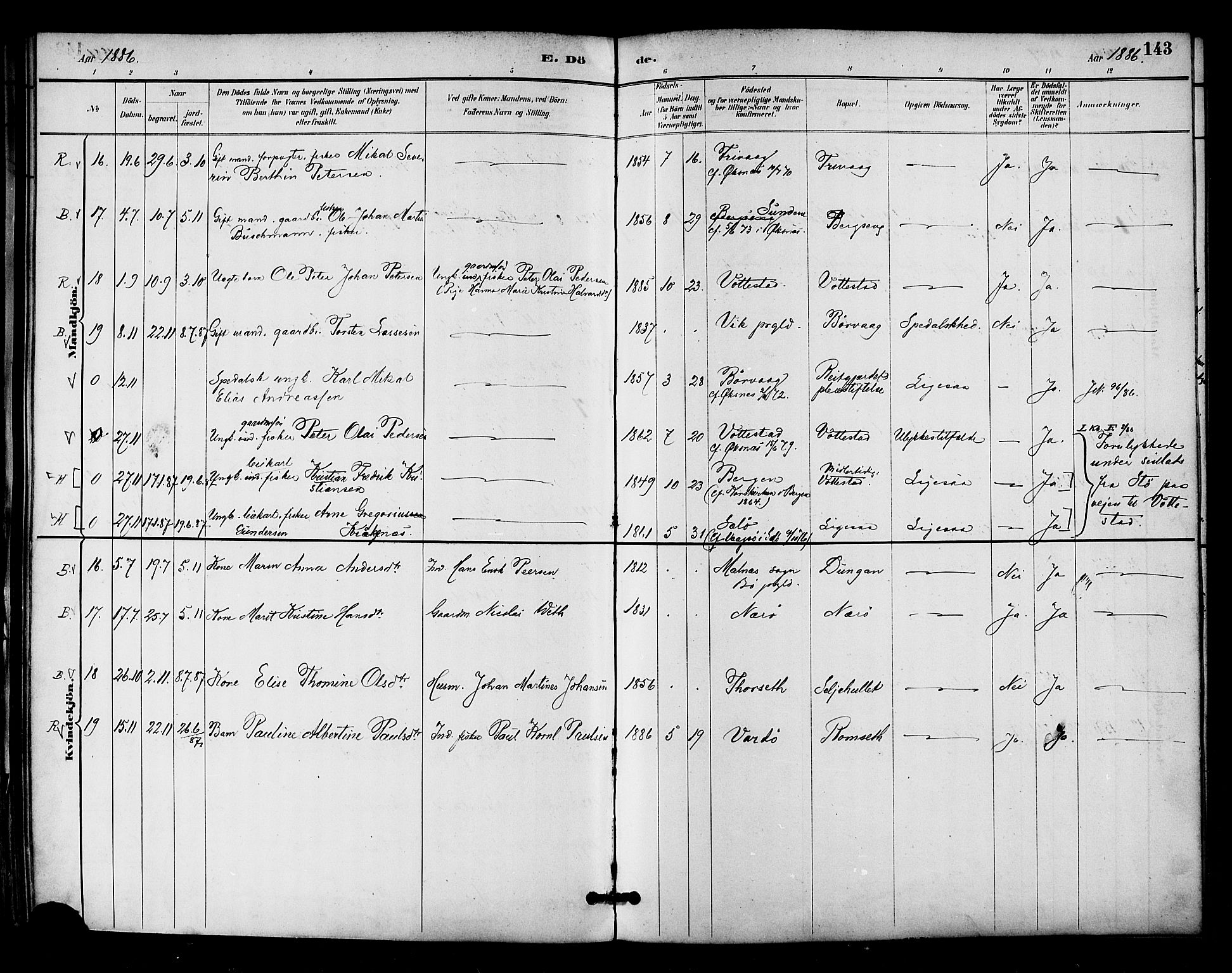 Ministerialprotokoller, klokkerbøker og fødselsregistre - Nordland, AV/SAT-A-1459/893/L1337: Parish register (official) no. 893A09, 1885-1893, p. 143