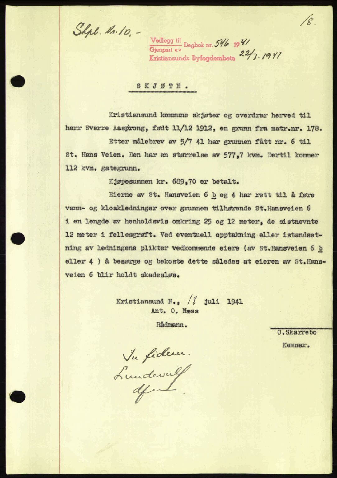 Kristiansund byfogd, AV/SAT-A-4587/A/27: Mortgage book no. 34, 1941-1945, Diary no: : 546/1941