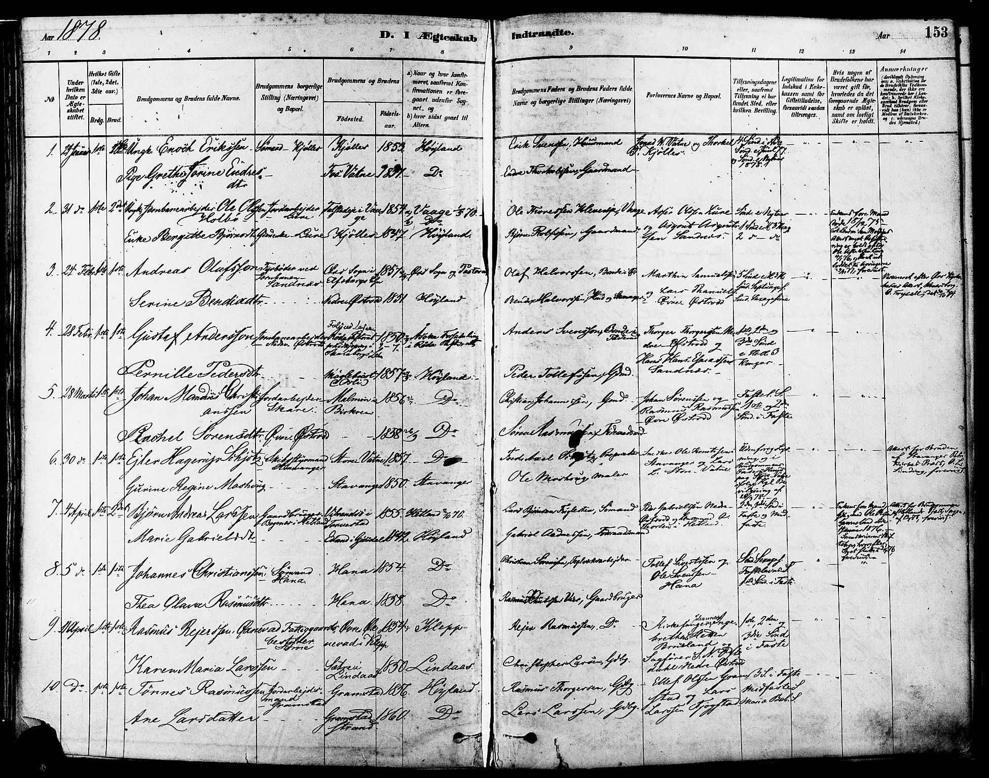 Høyland sokneprestkontor, SAST/A-101799/001/30BA/L0011: Parish register (official) no. A 10, 1878-1888, p. 153