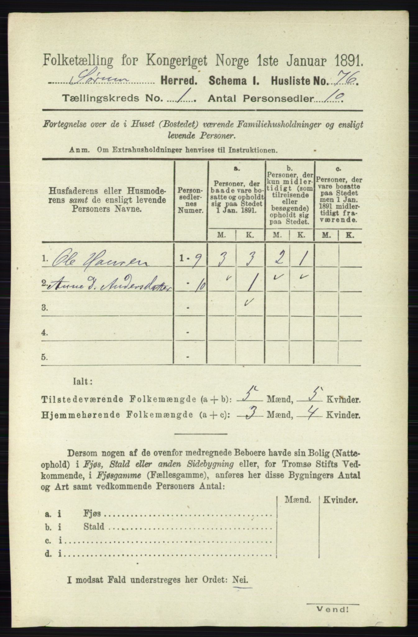 RA, 1891 census for 0226 Sørum, 1891, p. 95