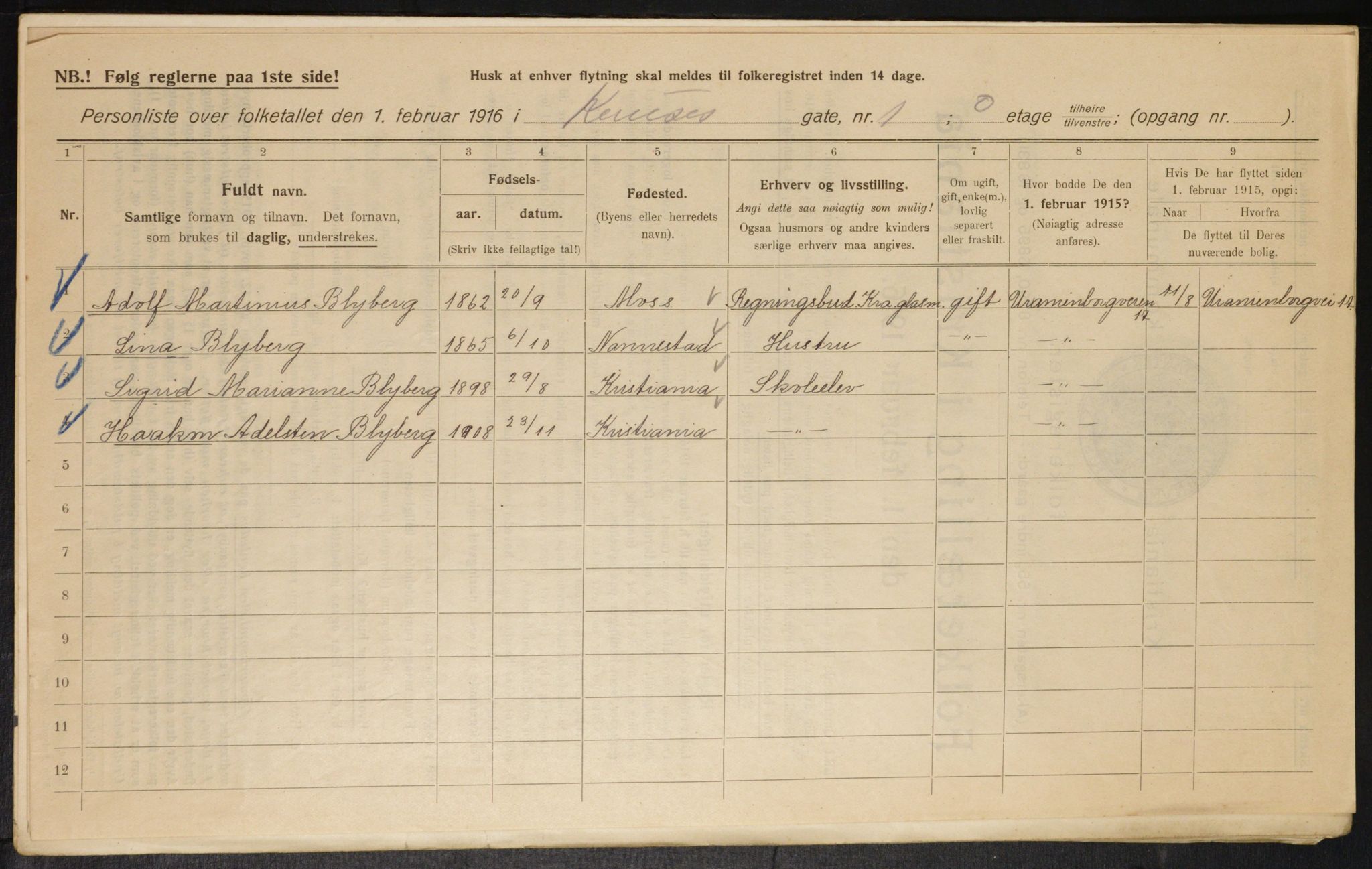 OBA, Municipal Census 1916 for Kristiania, 1916, p. 56109