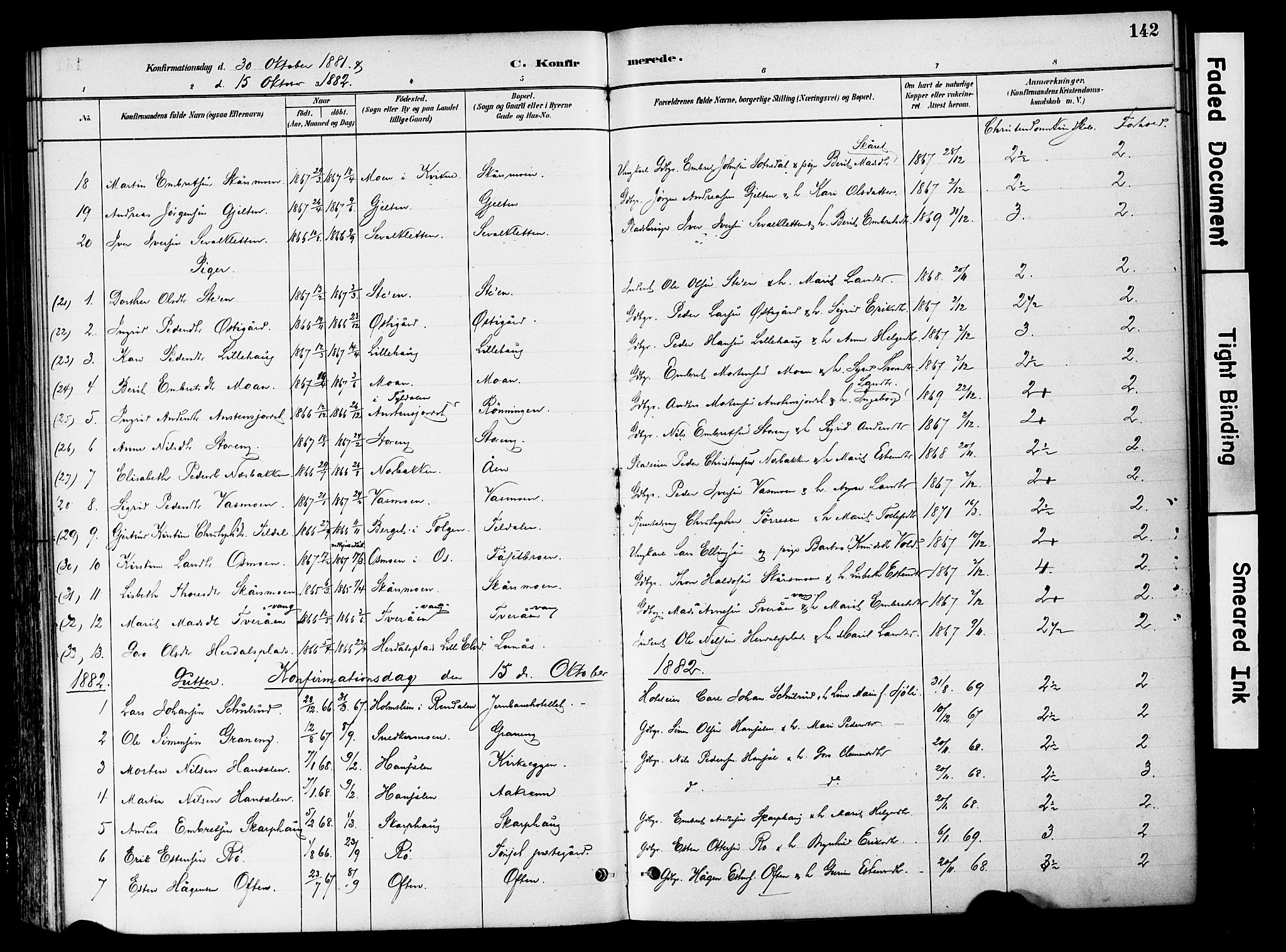 Tynset prestekontor, SAH/PREST-058/H/Ha/Haa/L0022: Parish register (official) no. 22, 1880-1899, p. 142