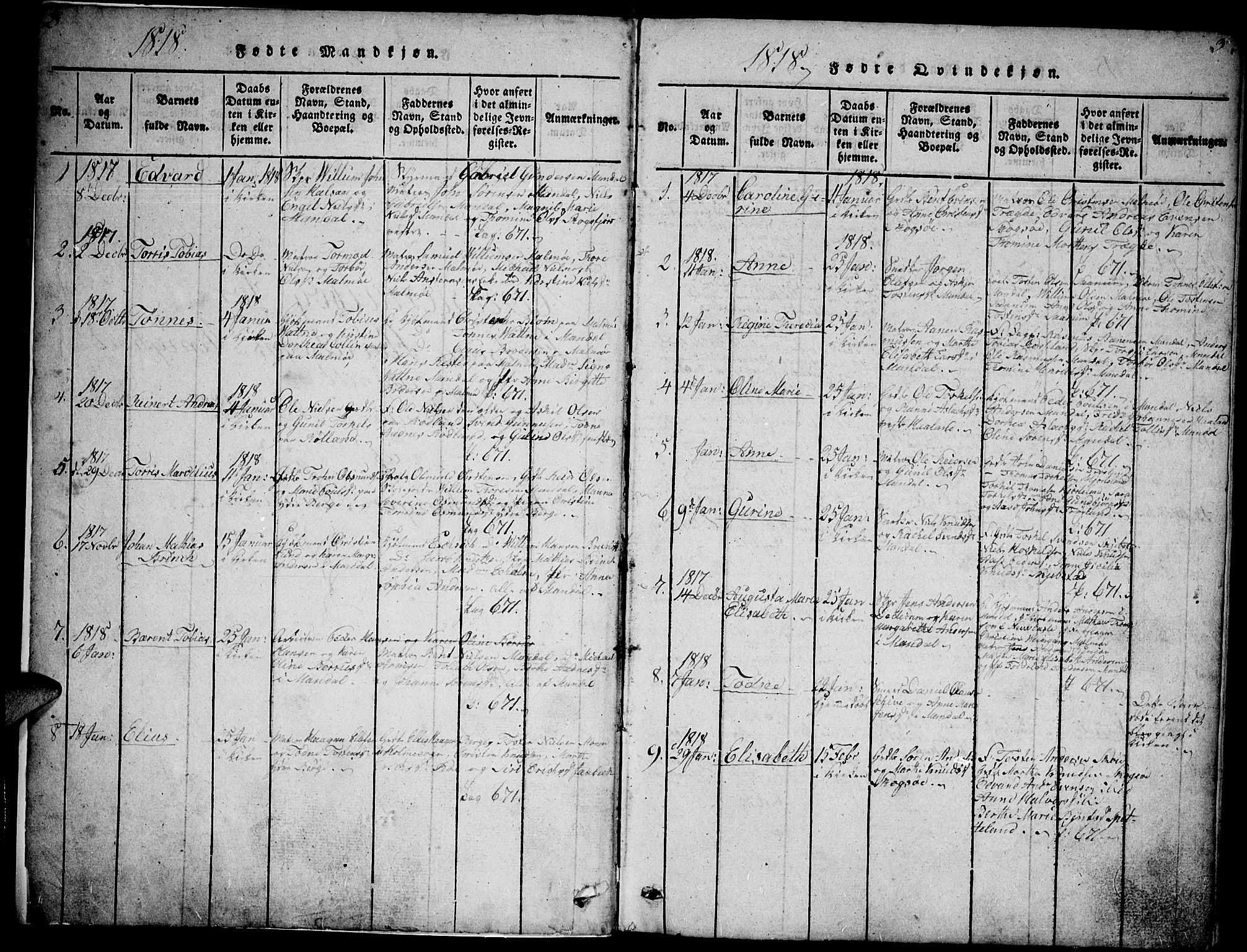 Mandal sokneprestkontor, SAK/1111-0030/F/Fb/Fba/L0001: Parish register (copy) no. B 1, 1818-1830, p. 2-3