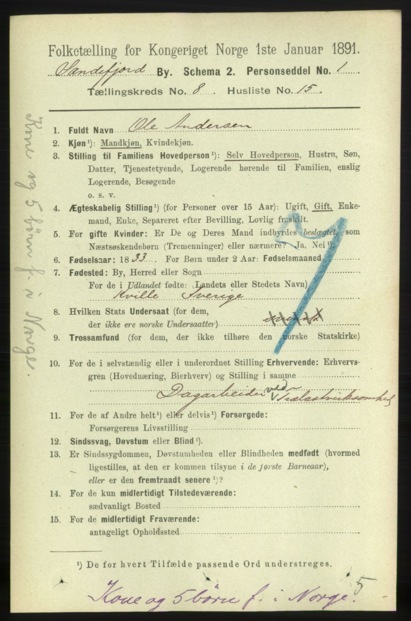 RA, 1891 census for 0706 Sandefjord, 1891, p. 3275