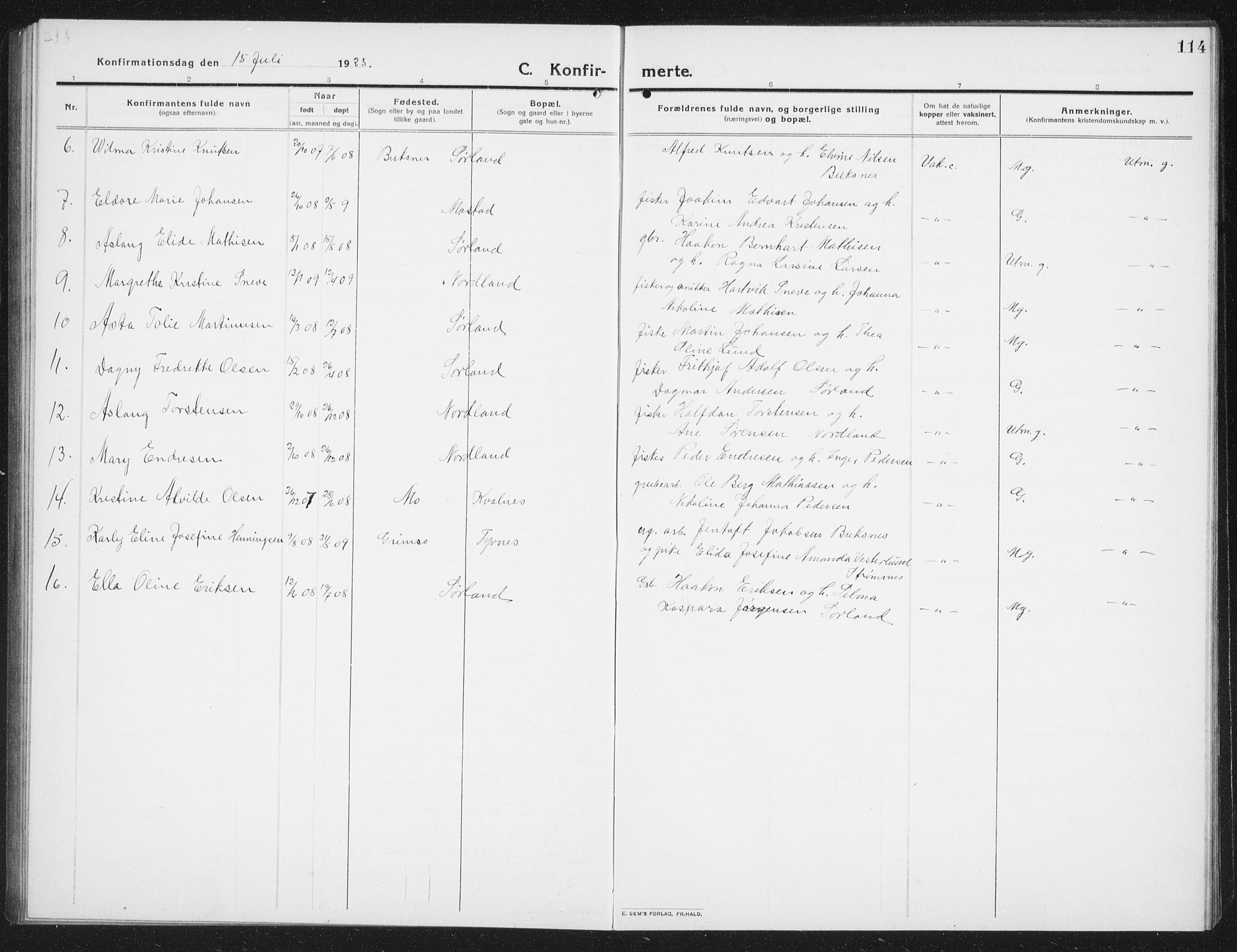 Ministerialprotokoller, klokkerbøker og fødselsregistre - Nordland, AV/SAT-A-1459/807/L0124: Parish register (copy) no. 807C02, 1910-1935, p. 114