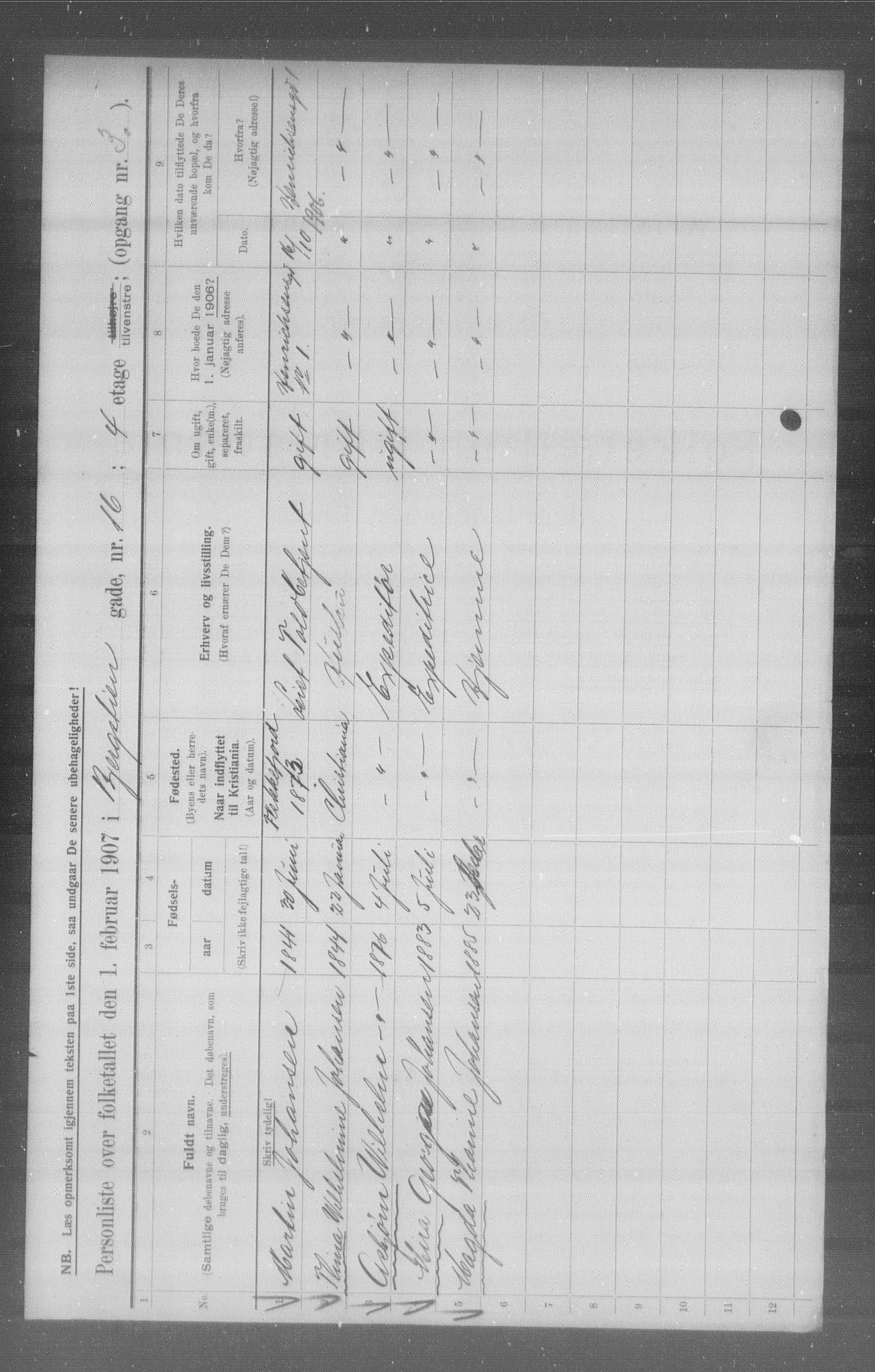 OBA, Municipal Census 1907 for Kristiania, 1907, p. 2485