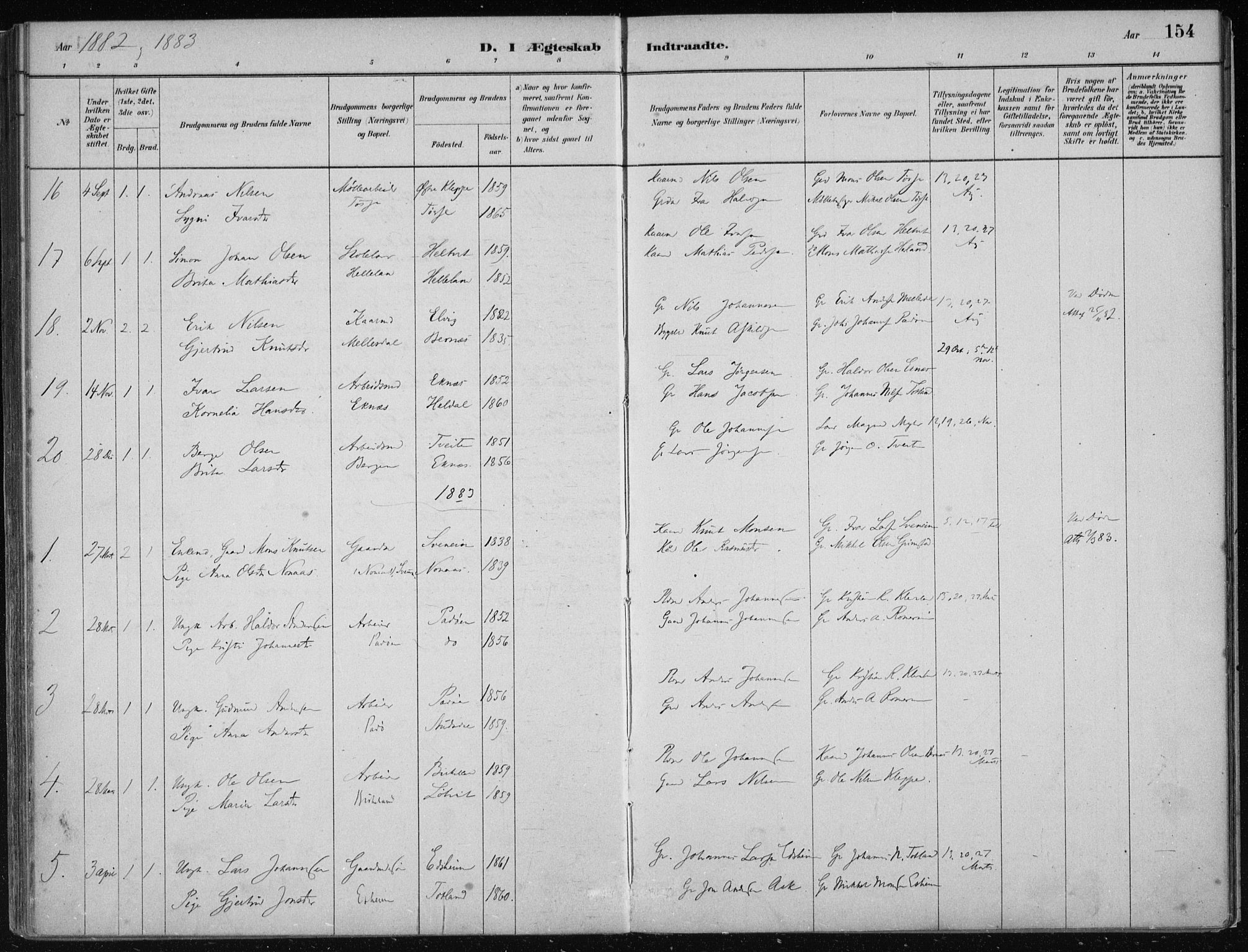 Hosanger sokneprestembete, SAB/A-75801/H/Haa: Parish register (official) no. B  1, 1880-1896, p. 154