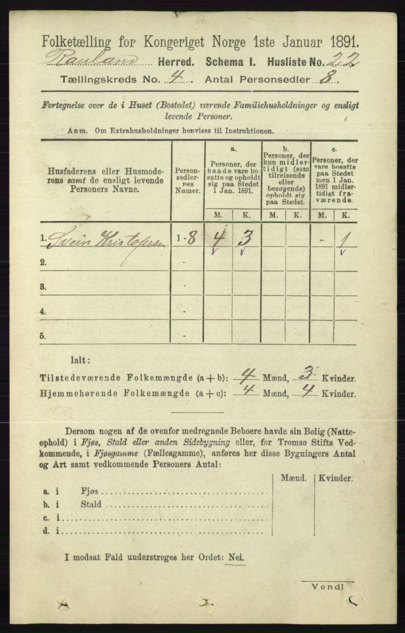 RA, 1891 census for 0835 Rauland, 1891, p. 1008