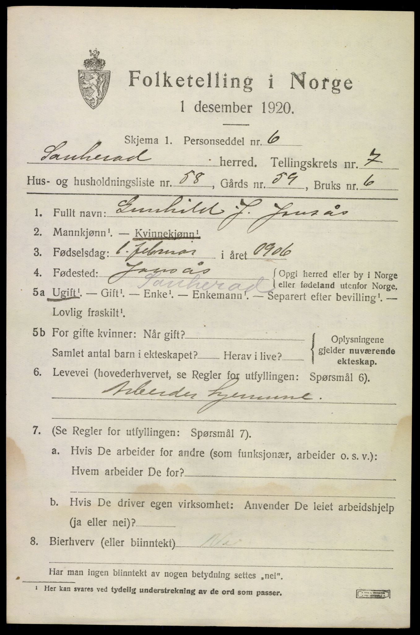 SAKO, 1920 census for Sauherad, 1920, p. 6179