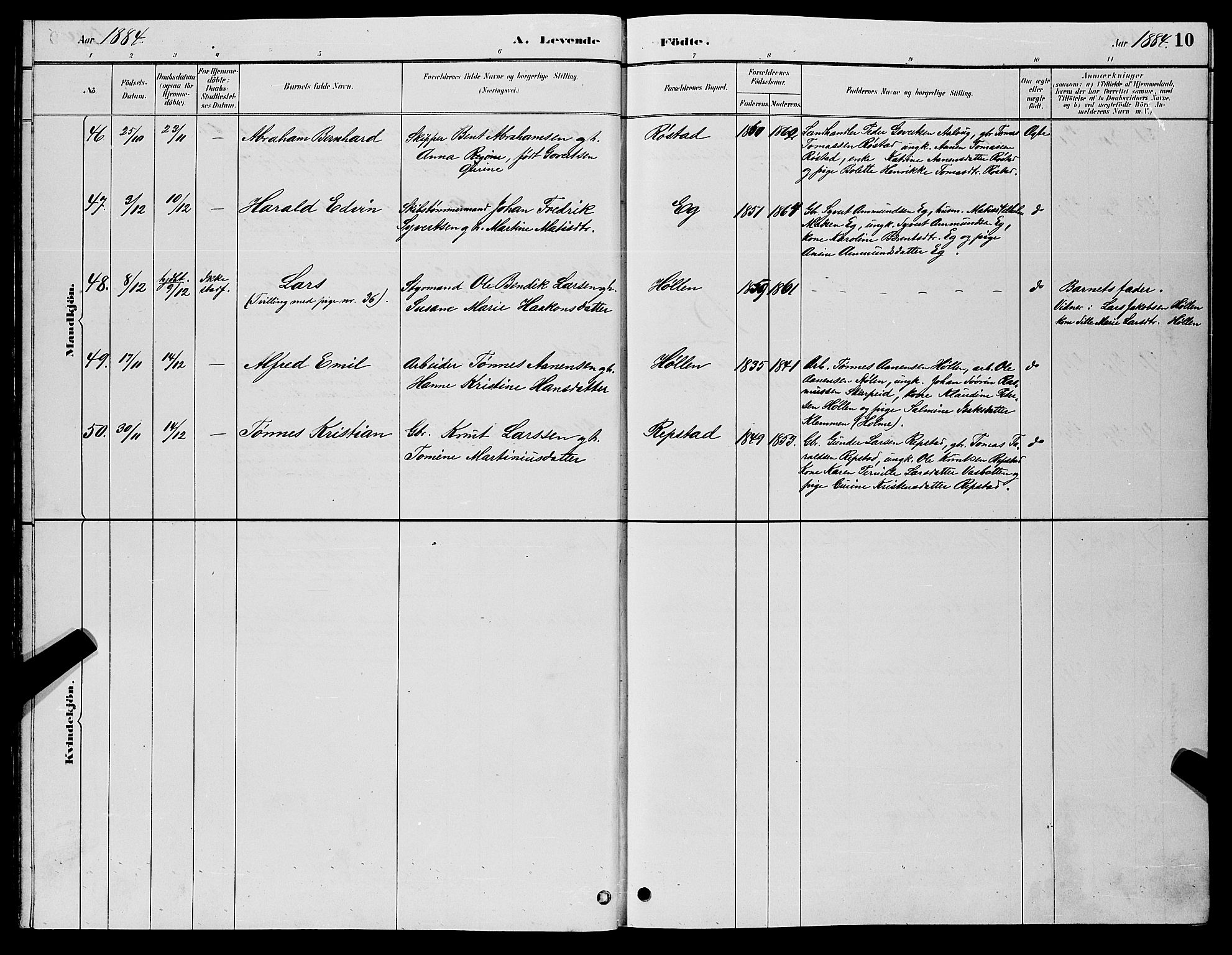Søgne sokneprestkontor, SAK/1111-0037/F/Fb/Fbb/L0005: Parish register (copy) no. B 5, 1884-1891, p. 10