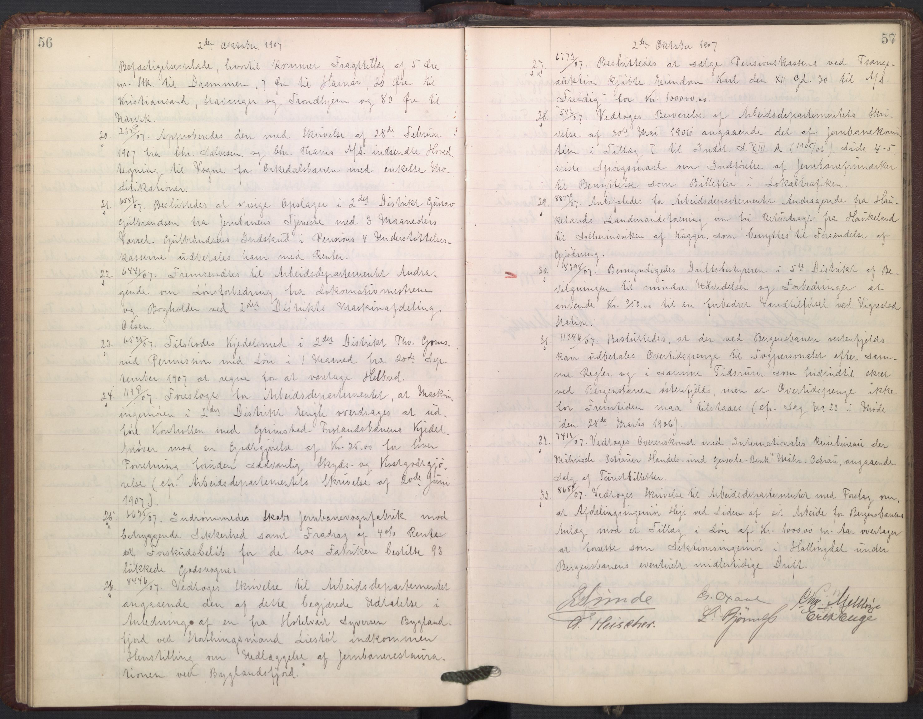 Norges statsbaner, Administrasjons- økonomi- og personalavdelingen, AV/RA-S-3412/A/Aa/L0009: Forhandlingsprotokoll, 1907-1909, p. 56-57