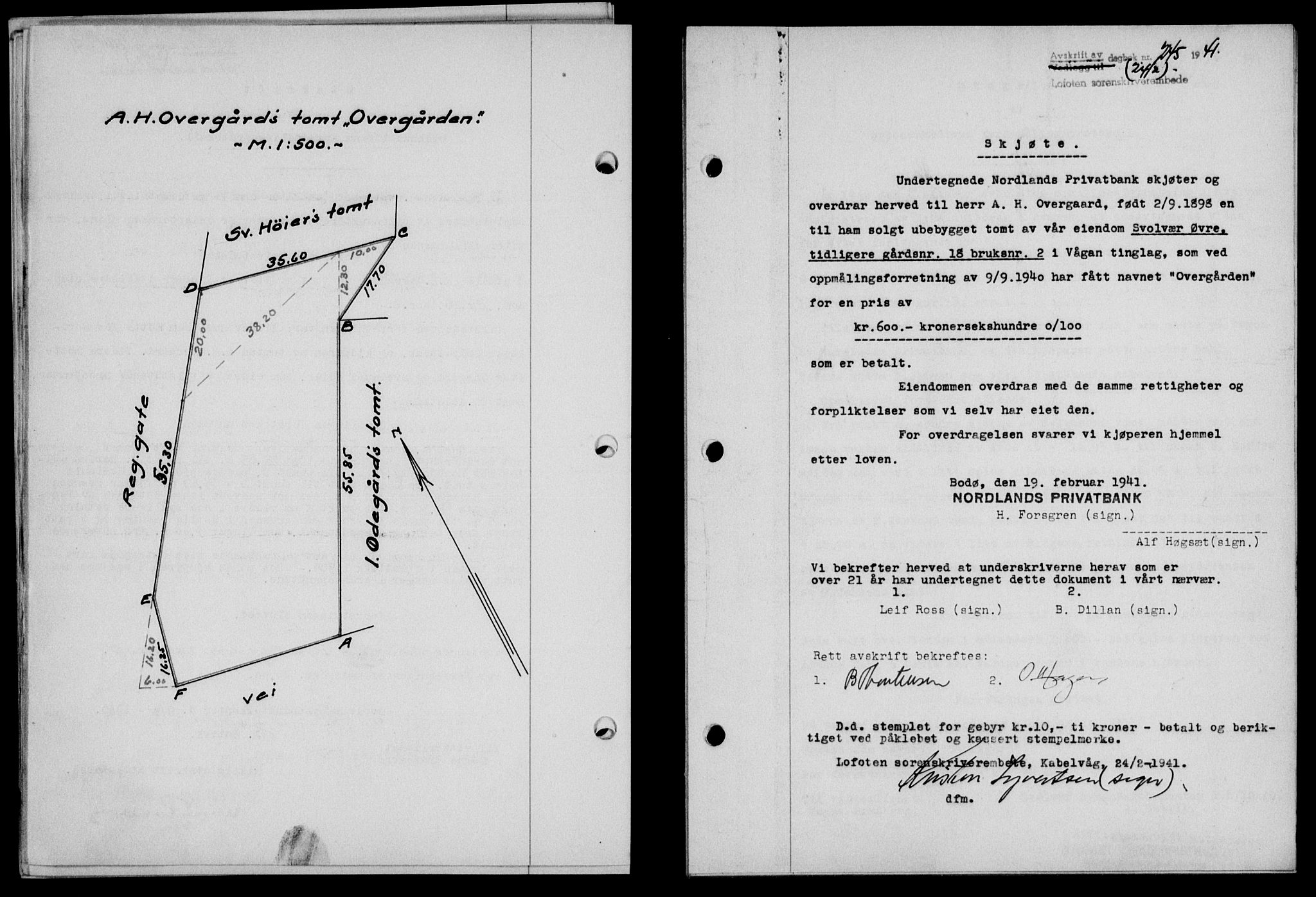 Lofoten sorenskriveri, SAT/A-0017/1/2/2C/L0008a: Mortgage book no. 8a, 1940-1941, Diary no: : 245/1941