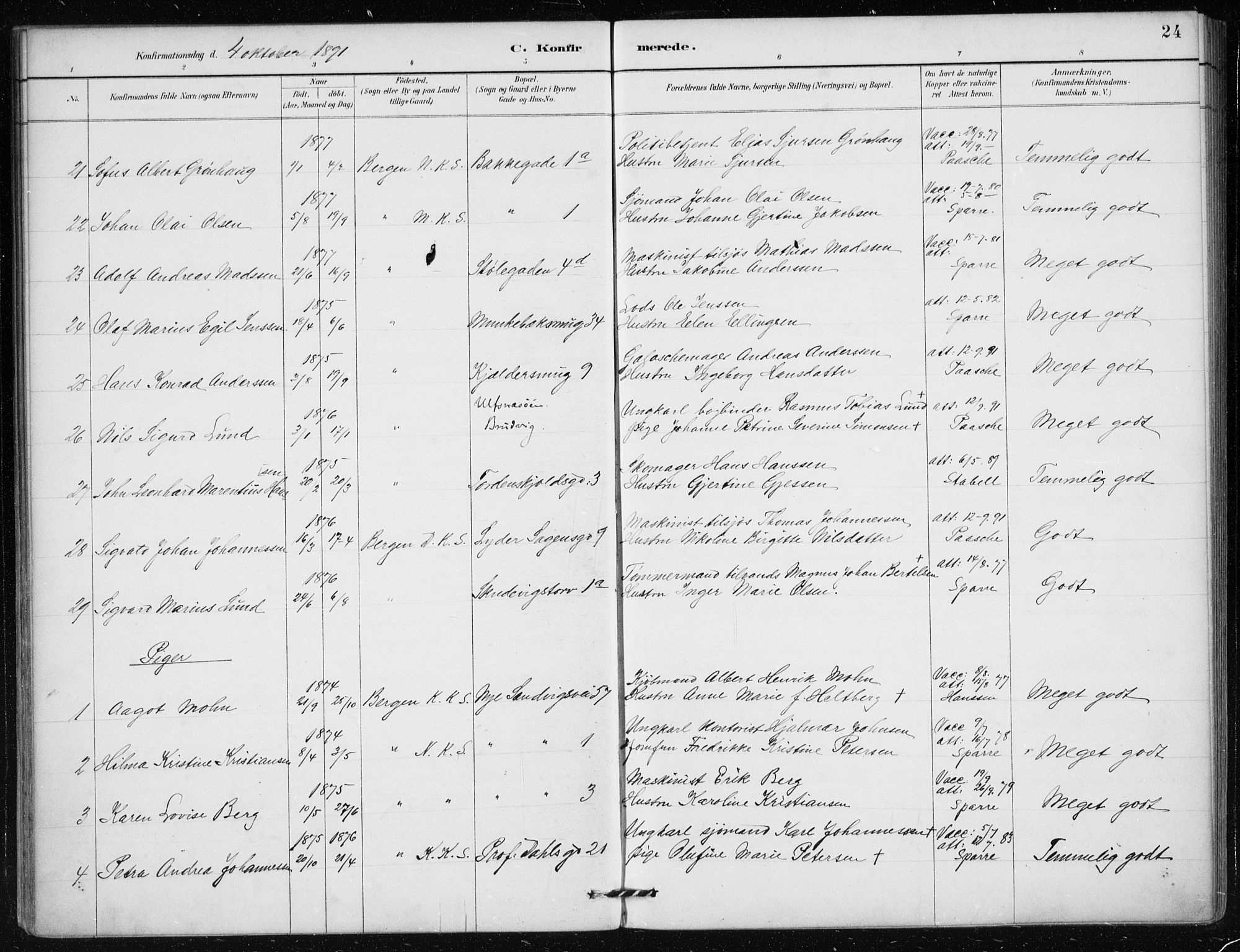 Mariakirken Sokneprestembete, AV/SAB-A-76901/H/Haa/L0013: Parish register (official) no. C 1, 1889-1900, p. 24