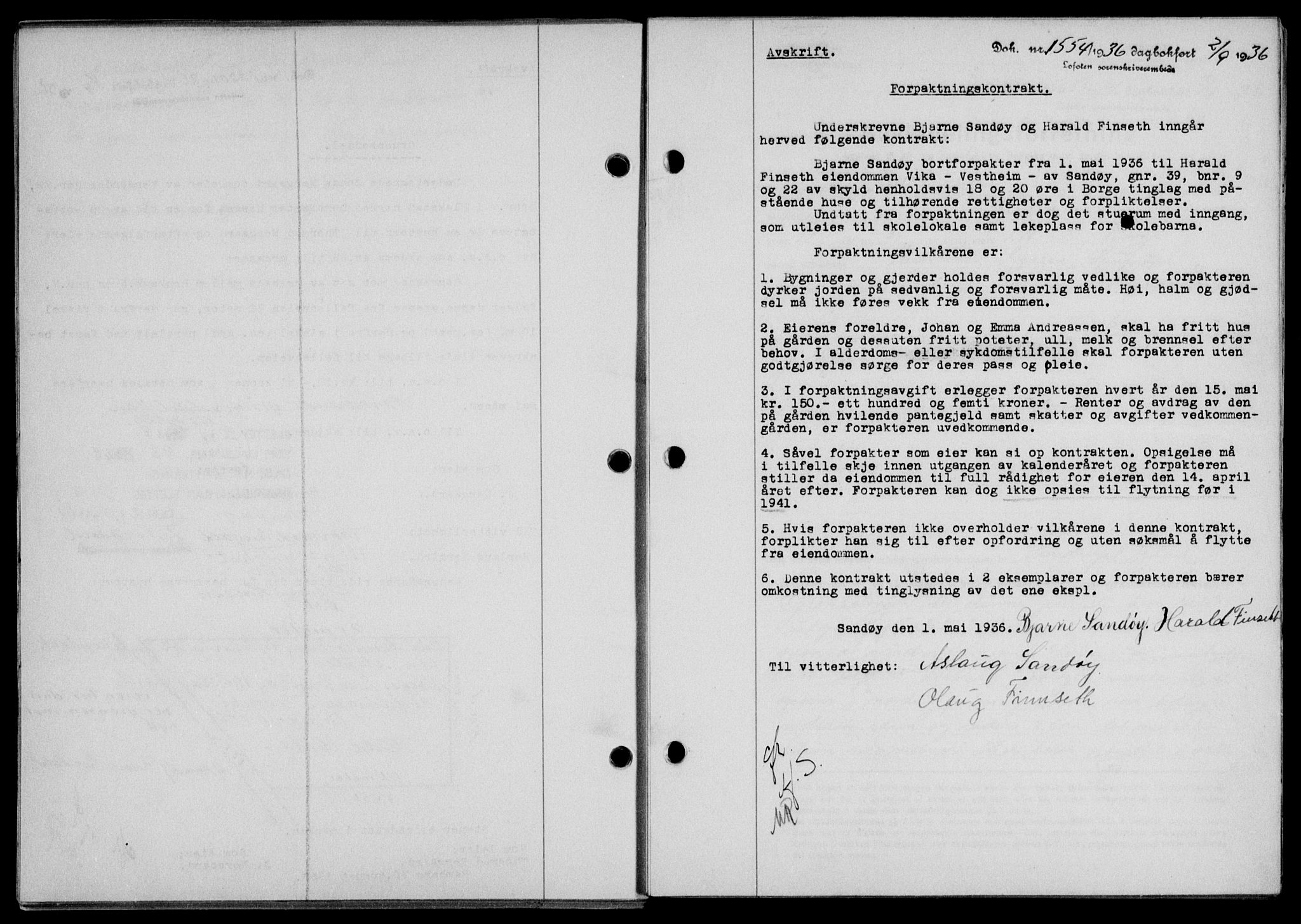 Lofoten sorenskriveri, SAT/A-0017/1/2/2C/L0001a: Mortgage book no. 1a, 1936-1937, Diary no: : 1554/1936
