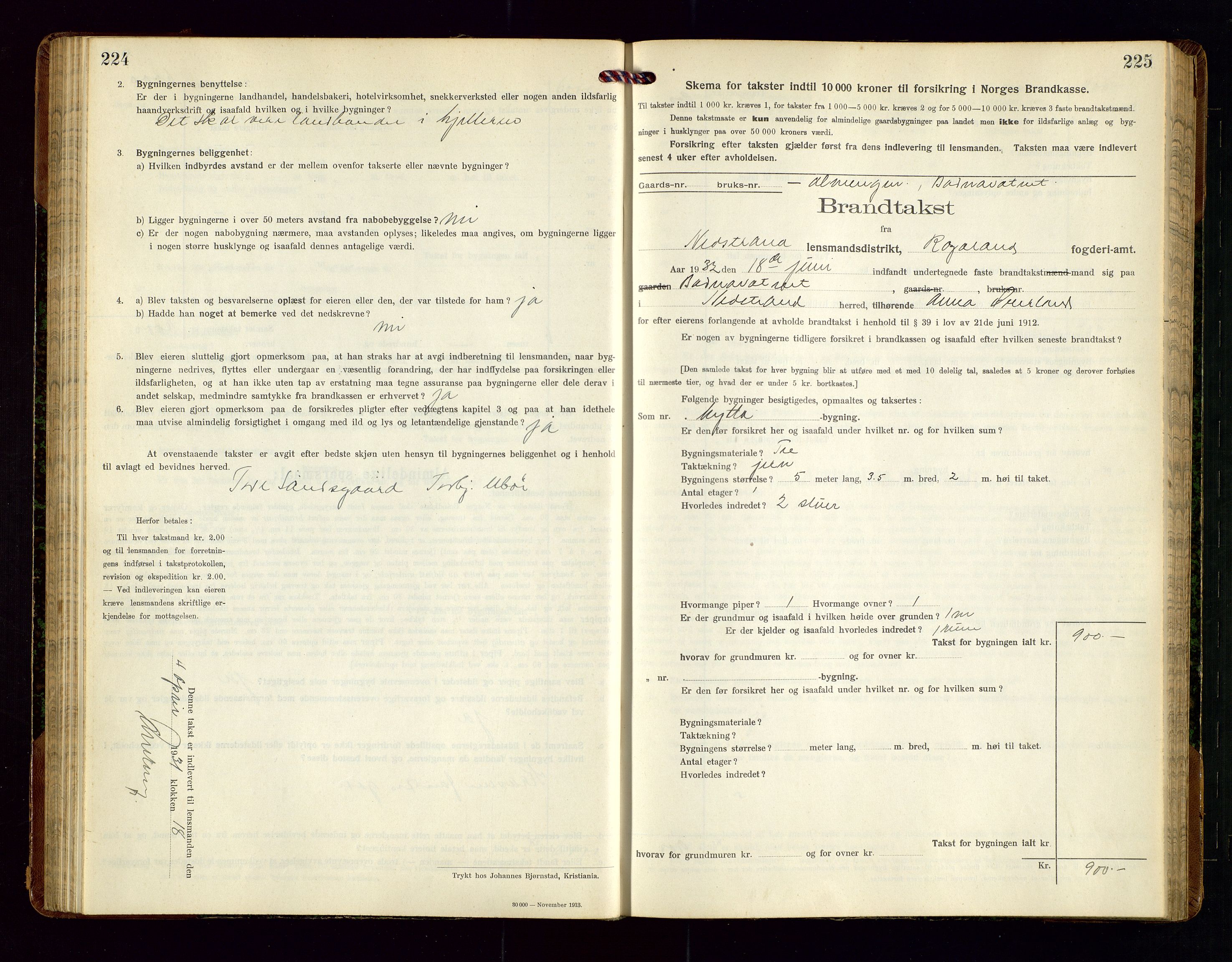 Nedstrand lensmannskontor, SAST/A-100236/Gob/L0002: "Brandtakstprotokol for Nerstrand lensmandsdistrikt Rogaland Fylke", 1916-1949, p. 224-225