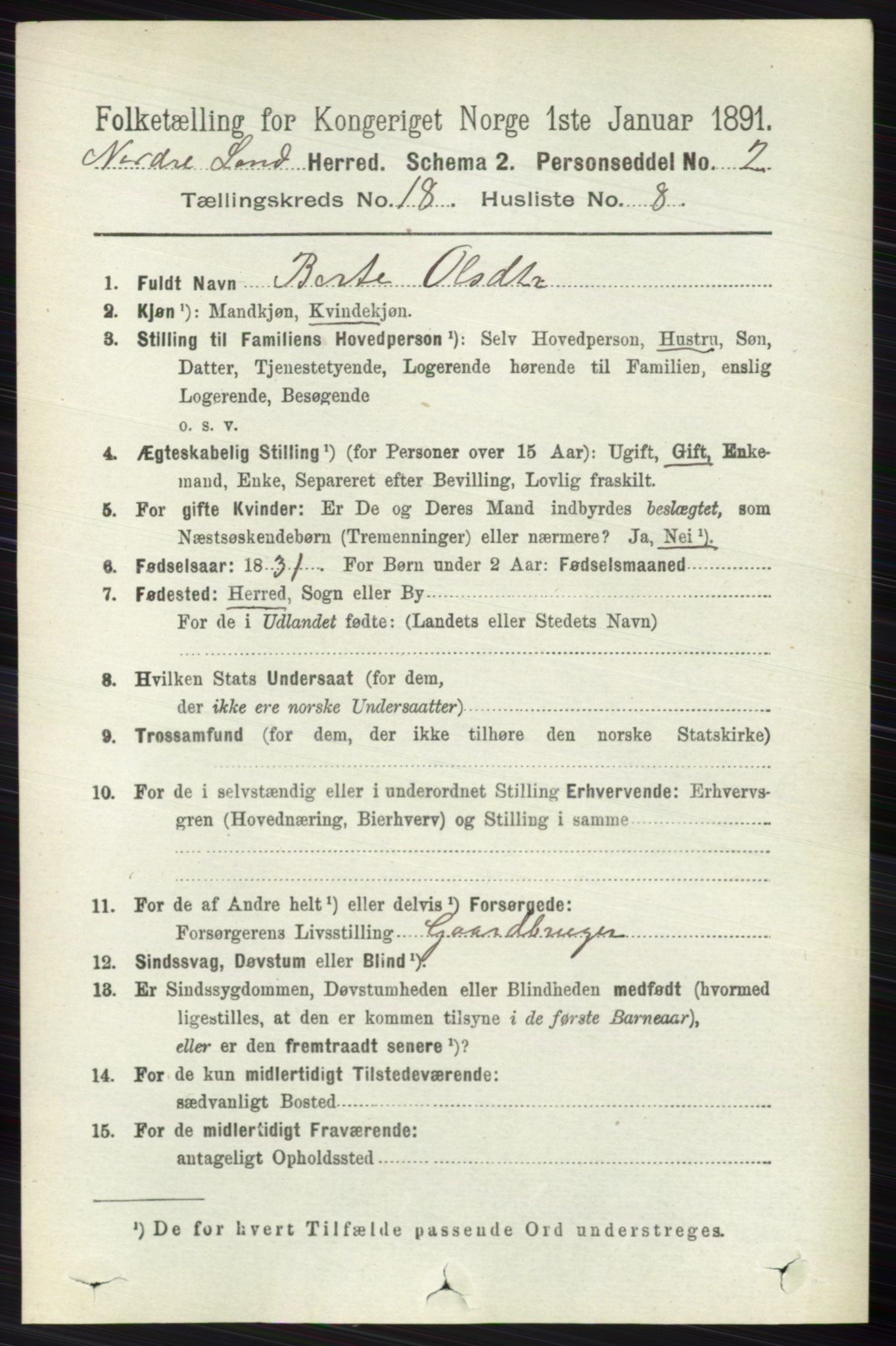 RA, 1891 census for 0538 Nordre Land, 1891, p. 4430