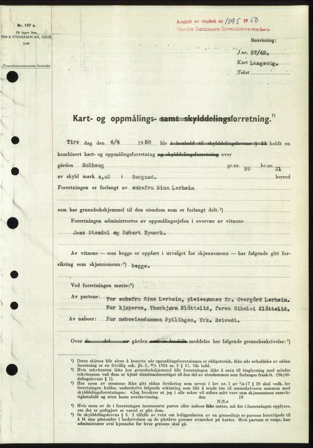 Nordre Sunnmøre sorenskriveri, AV/SAT-A-0006/1/2/2C/2Ca: Mortgage book no. A35, 1950-1950, Diary no: : 1595/1950