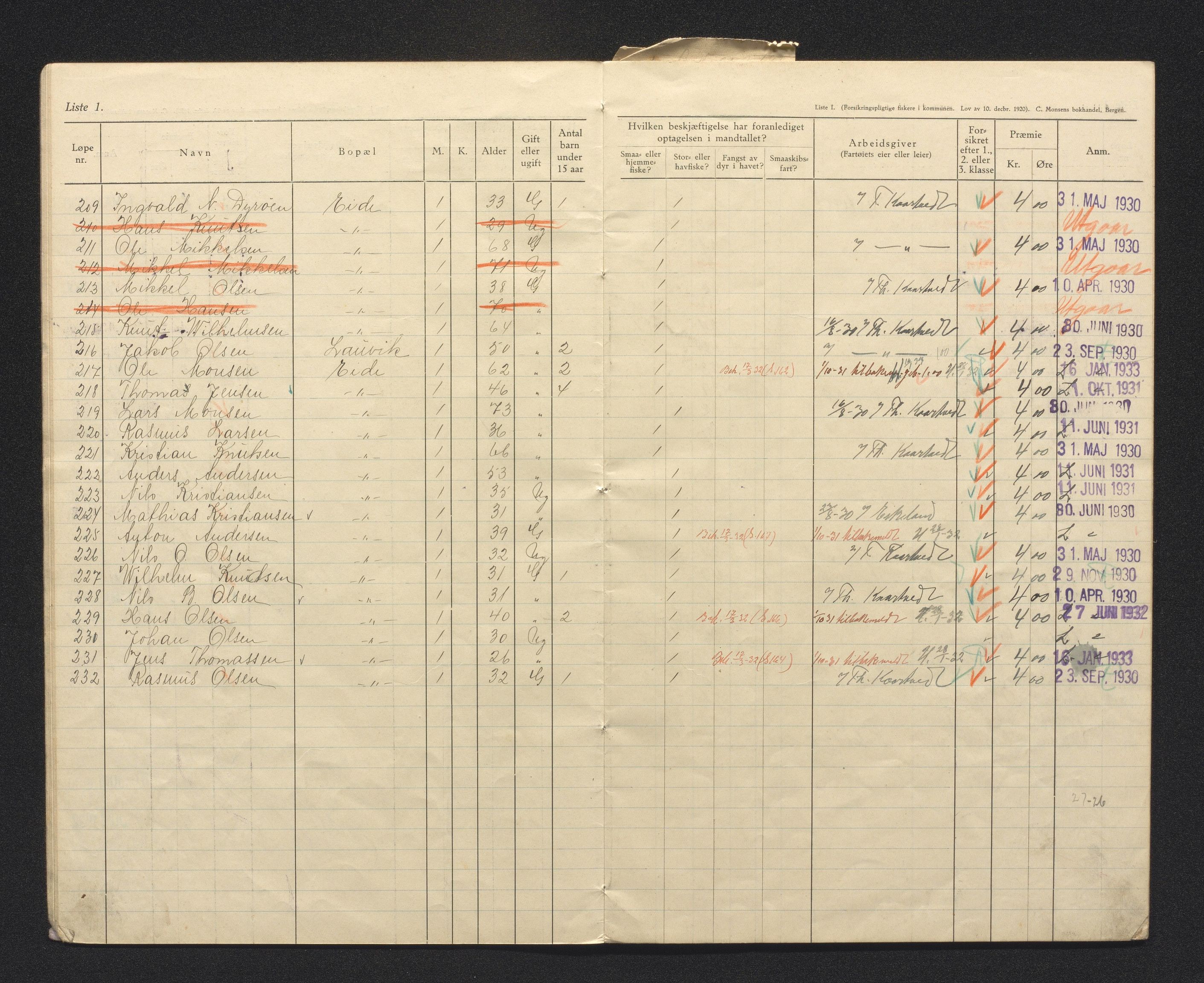 Fjell kommune. Fiskarmanntalsnemnda, IKAH/1246-352/F/Fa/L0001/0009: Fiskarmanntal / Fiskarmanntal, 1930