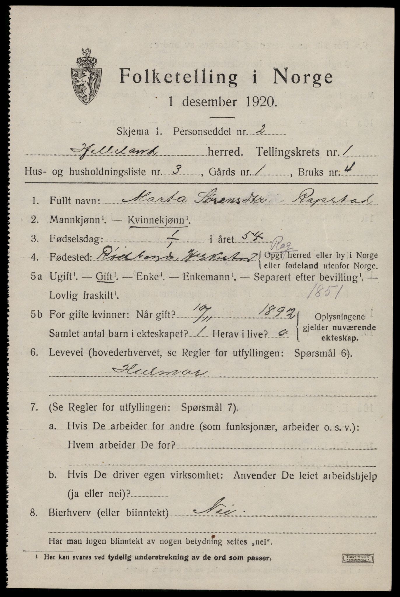 SAST, 1920 census for Helleland, 1920, p. 433