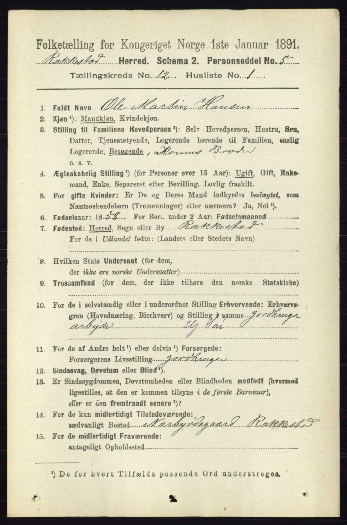 RA, 1891 census for 0128 Rakkestad, 1891, p. 5698