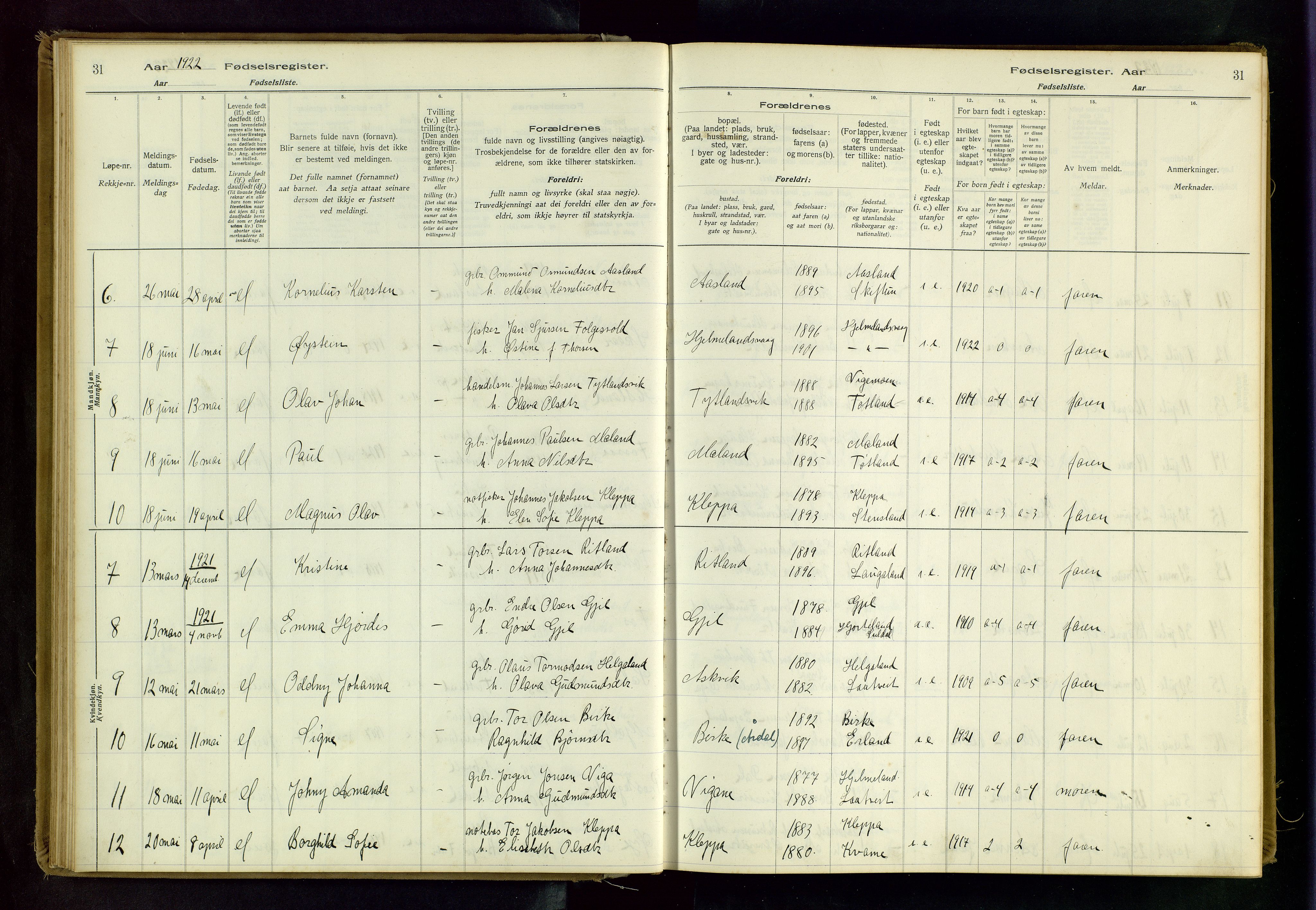 Hjelmeland sokneprestkontor, AV/SAST-A-101843/02/B/L0001: Birth register no. 1, 1916-1963, p. 31
