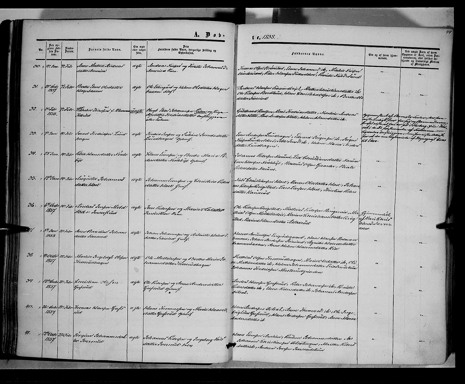 Vestre Toten prestekontor, AV/SAH-PREST-108/H/Ha/Haa/L0006: Parish register (official) no. 6, 1856-1861, p. 44