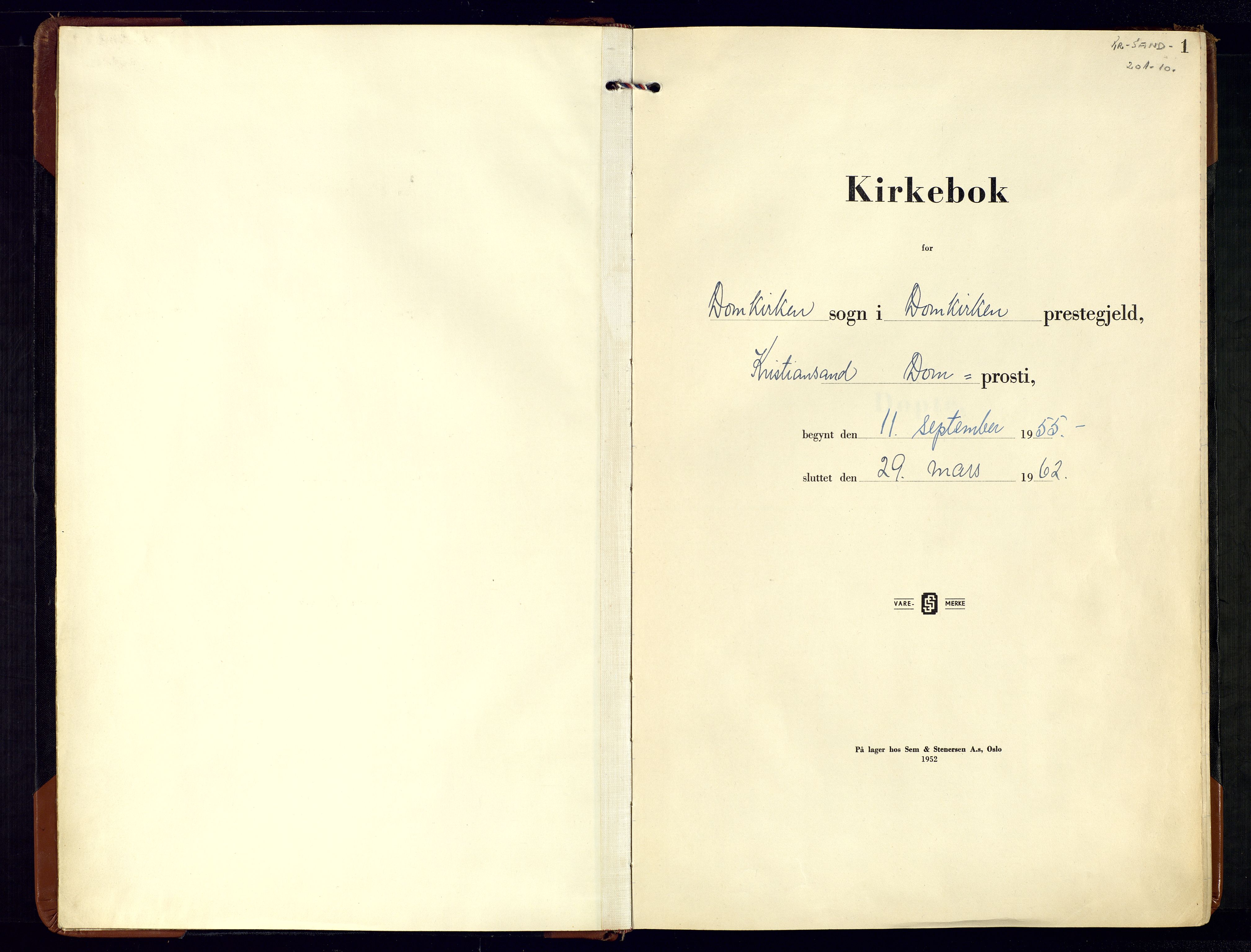 Kristiansand domprosti, SAK/1112-0006/F/Fa/L0033: Parish register (official) no. A-32, 1955-1962, p. 1