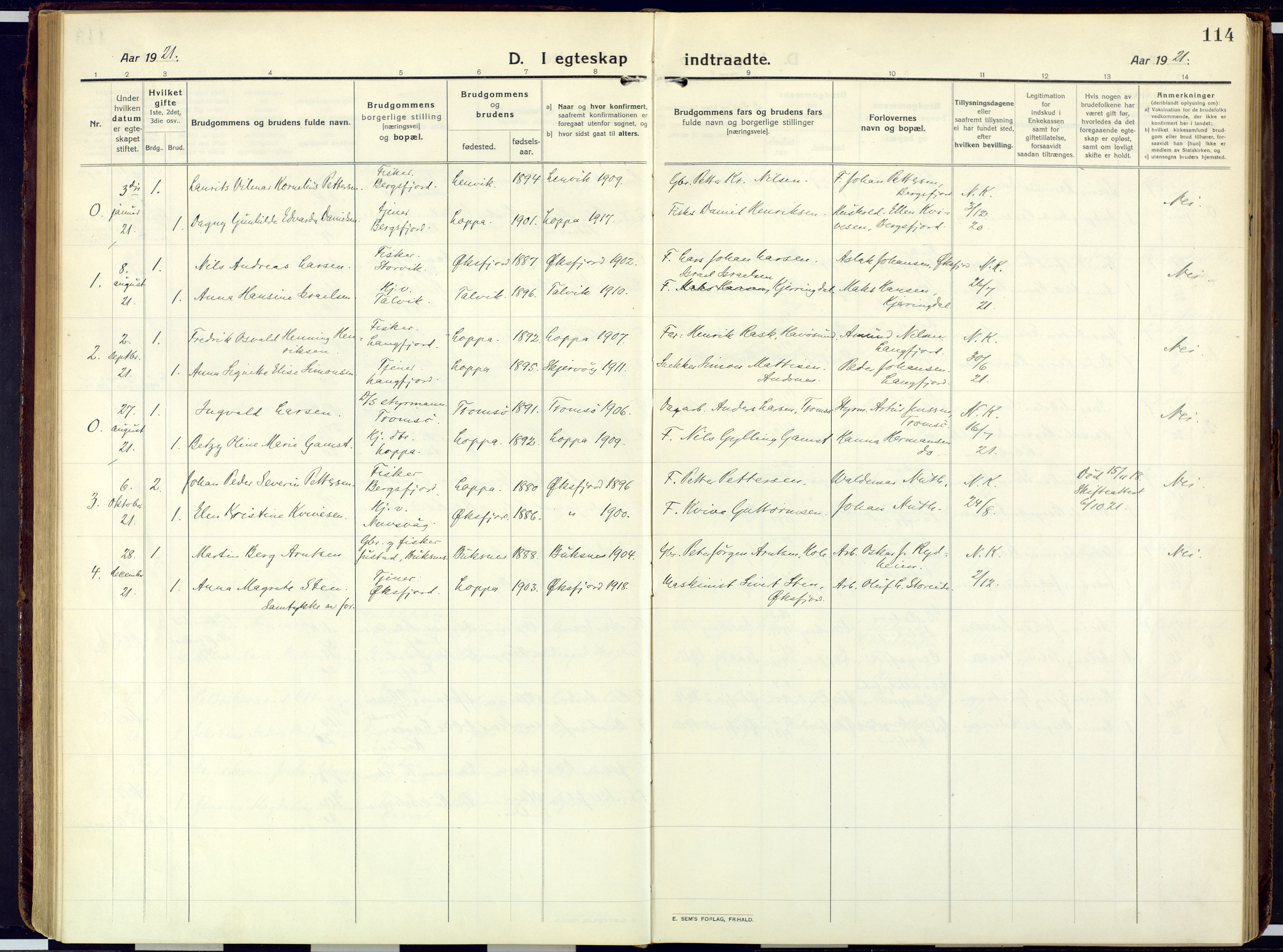 Loppa sokneprestkontor, SATØ/S-1339/H/Ha/L0013kirke: Parish register (official) no. 13, 1920-1932, p. 114