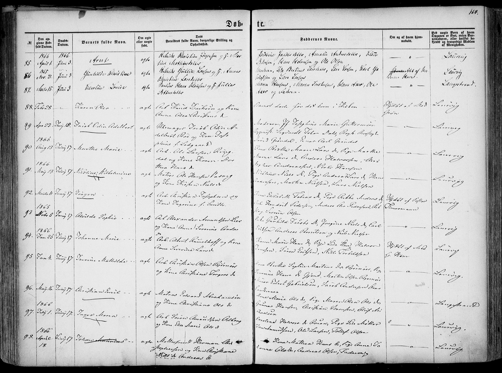 Larvik kirkebøker, SAKO/A-352/F/Fa/L0004: Parish register (official) no. I 4, 1856-1870, p. 164