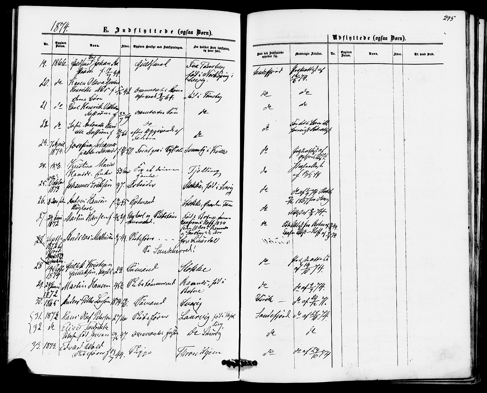 Sandefjord kirkebøker, AV/SAKO-A-315/F/Fa/L0001: Parish register (official) no. 1, 1873-1879, p. 295