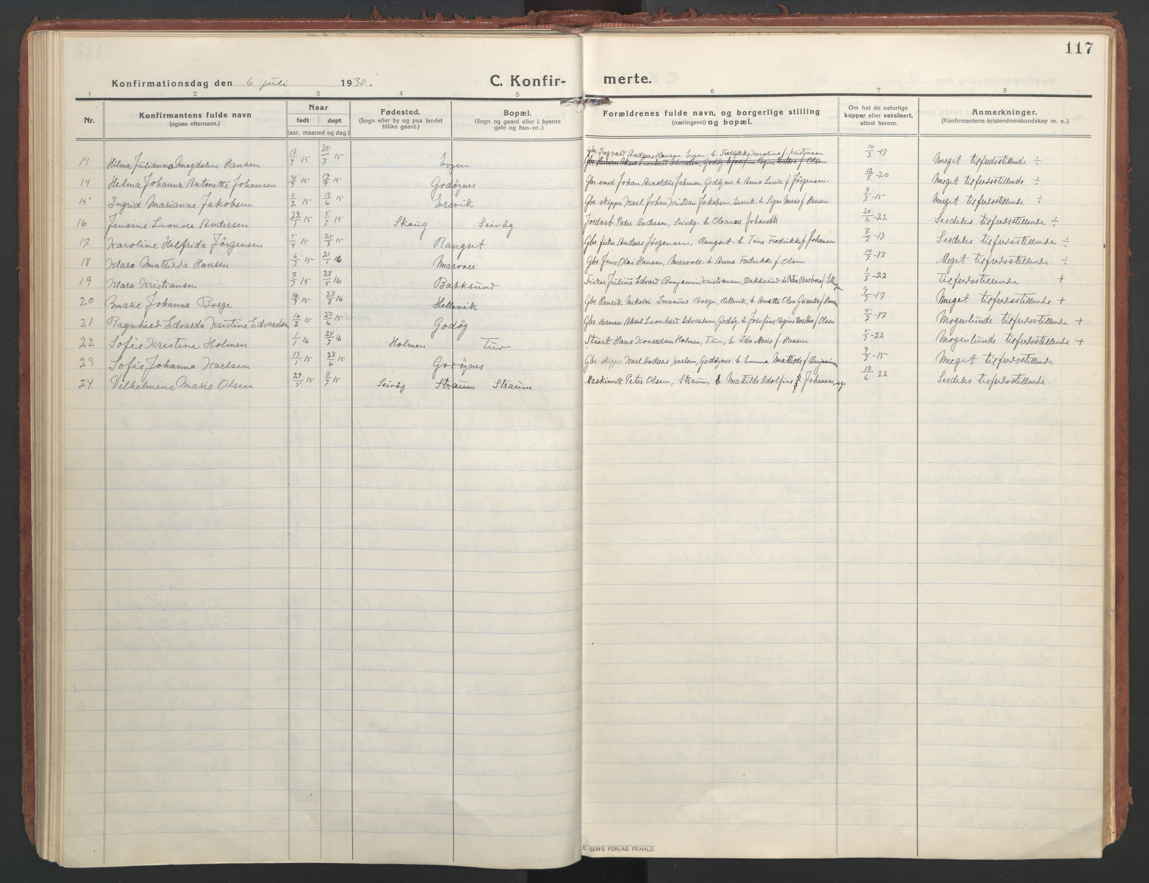 Ministerialprotokoller, klokkerbøker og fødselsregistre - Nordland, AV/SAT-A-1459/804/L0086: Parish register (official) no. 804A07, 1916-1935, p. 117