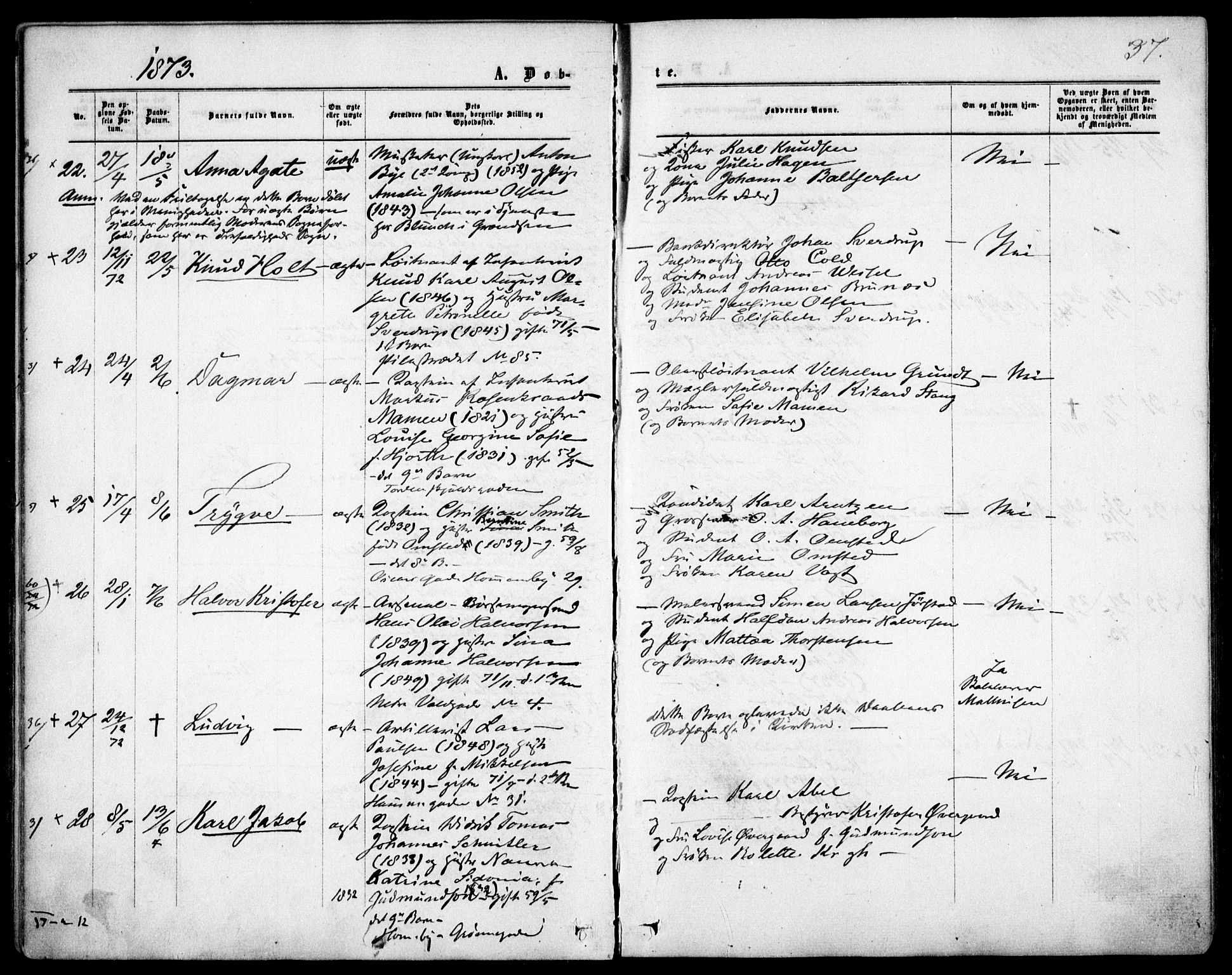 Garnisonsmenigheten Kirkebøker, SAO/A-10846/F/Fa/L0011: Parish register (official) no. 11, 1870-1880, p. 37