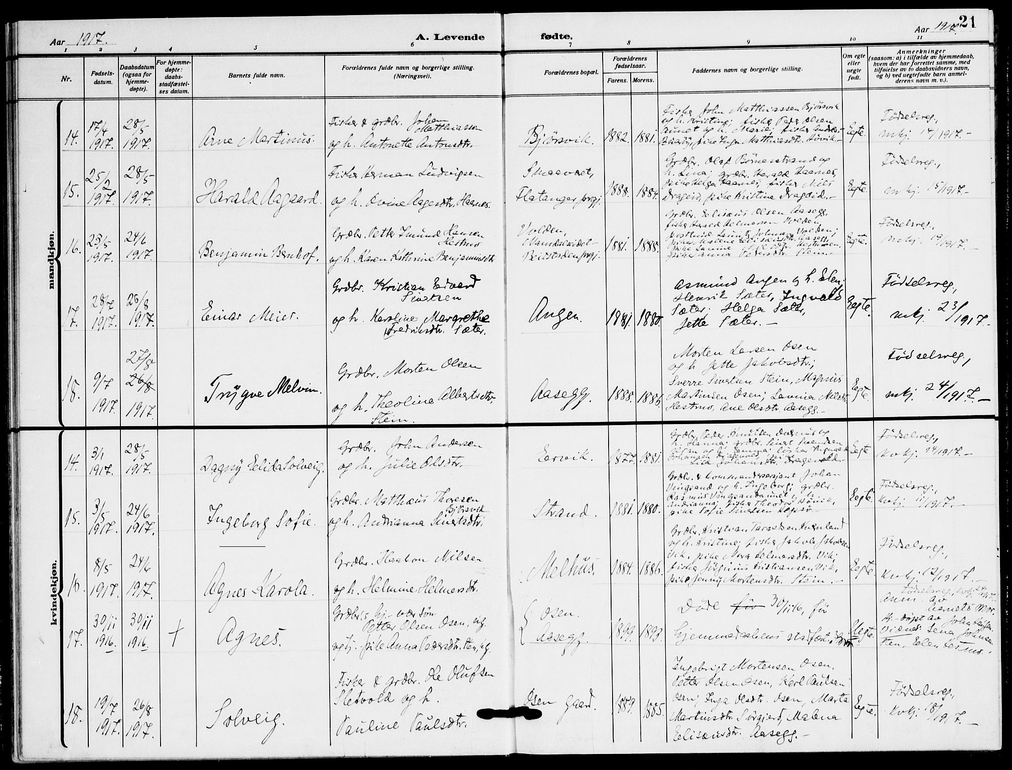 Ministerialprotokoller, klokkerbøker og fødselsregistre - Sør-Trøndelag, AV/SAT-A-1456/658/L0724: Parish register (official) no. 658A03, 1912-1924, p. 21