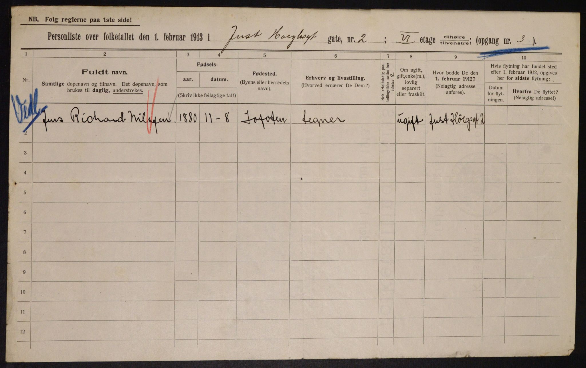 OBA, Municipal Census 1913 for Kristiania, 1913, p. 47434